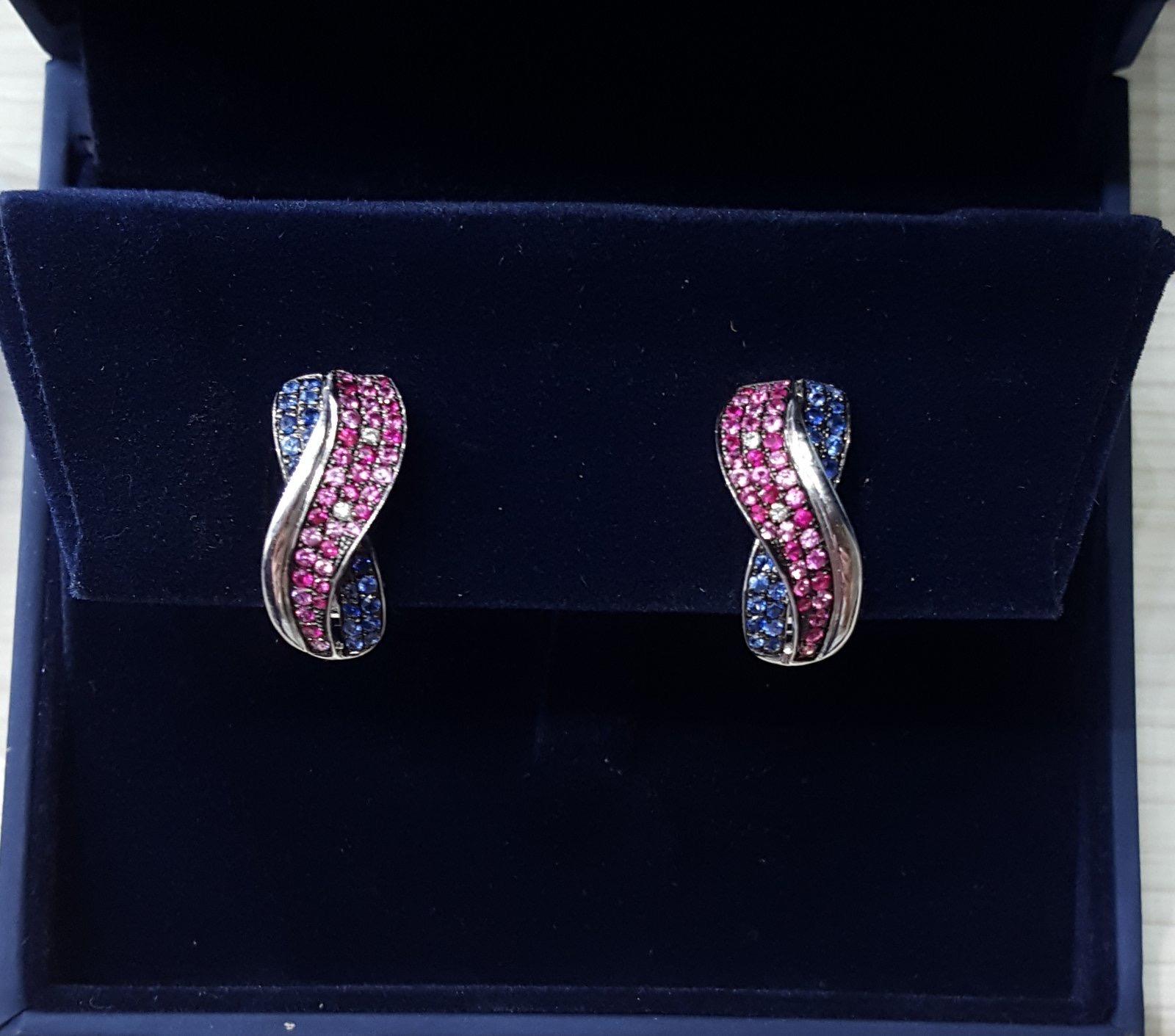 Every Day Diamond Pink Sapphire Blue Sapphire White Gold Lever Back Earrings In New Condition For Sale In Montreux, CH