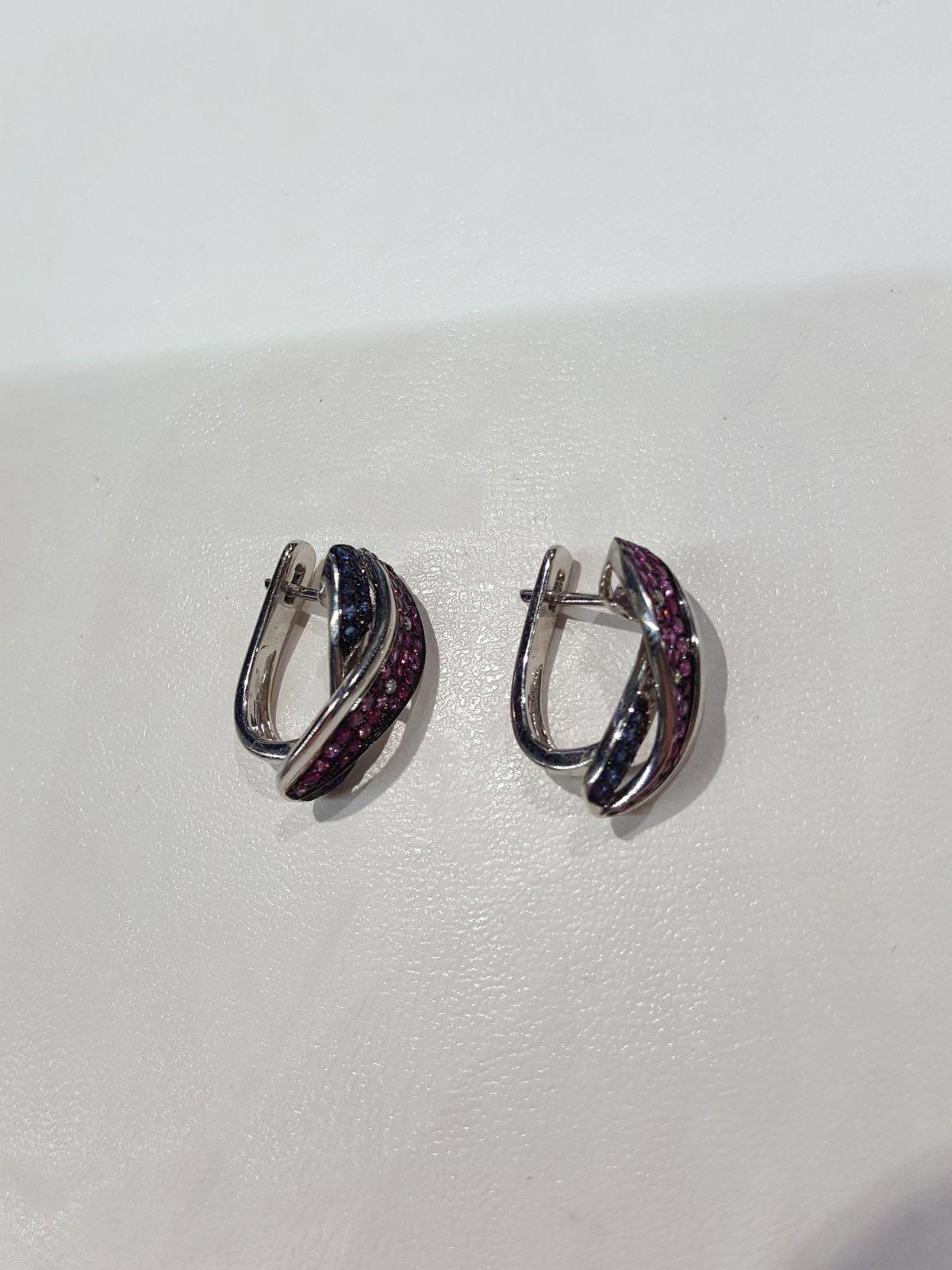 Women's Every Day Diamond Pink Sapphire Blue Sapphire White Gold Lever Back Earrings For Sale