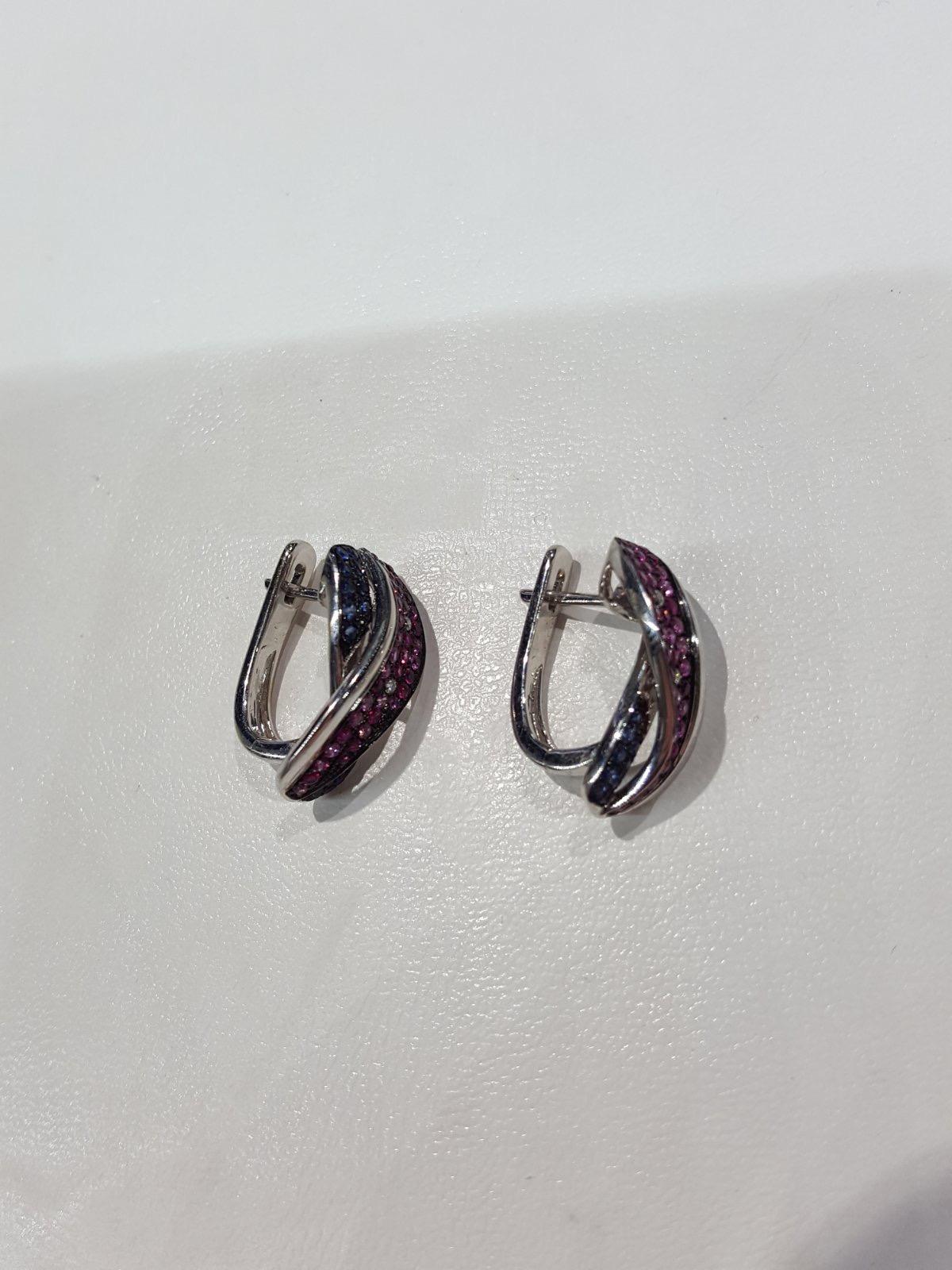 Every Day Diamond Pink Sapphire Blue Sapphire White Gold Lever Back Earrings For Sale 1