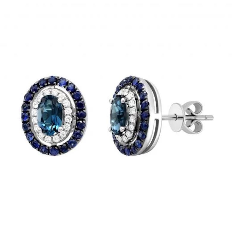 Women's Every Day Modern Topaz Diamond Blue Sapphire White 14k Gold Earrings for Her For Sale