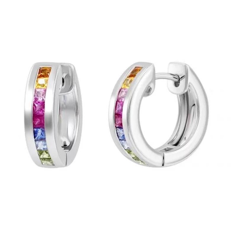 Round Cut Every Day Multi Sapphire Ruby 14K White Gold Hoop Earrings For Sale