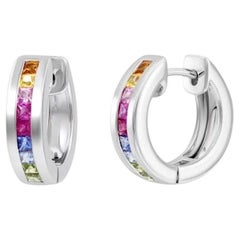 Every Day Multi Sapphire Ruby 14K White Gold Hoop Earrings