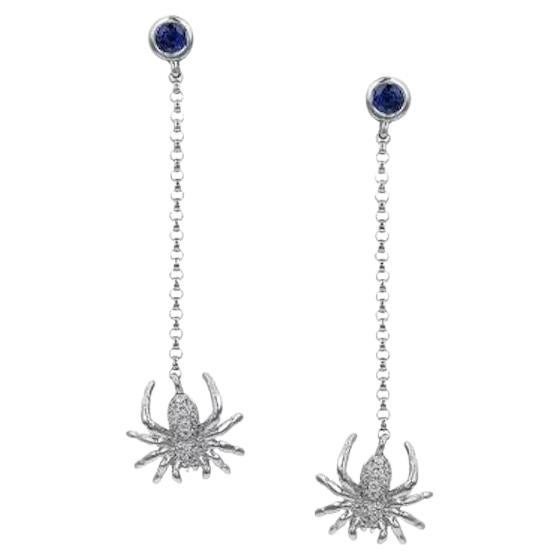 Every Day Spider Diamond Blue Sapphire Dangle White 14k Gold Earrings for Her For Sale