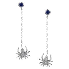 Every Day Spider Diamond Blue Sapphire Dangle White 14k Gold Earrings for Her
