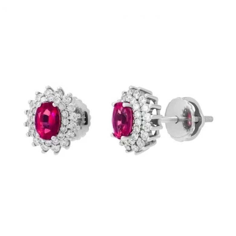 Modern Every Day Studs Ruby Diamond 14K Gold White Earrings For Sale