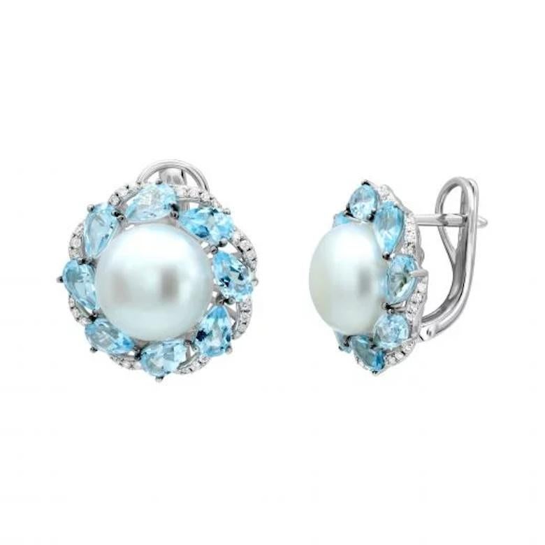 Round Cut Every Day Topaz Pearl  Diamond White Gold Earrings For Her For Sale