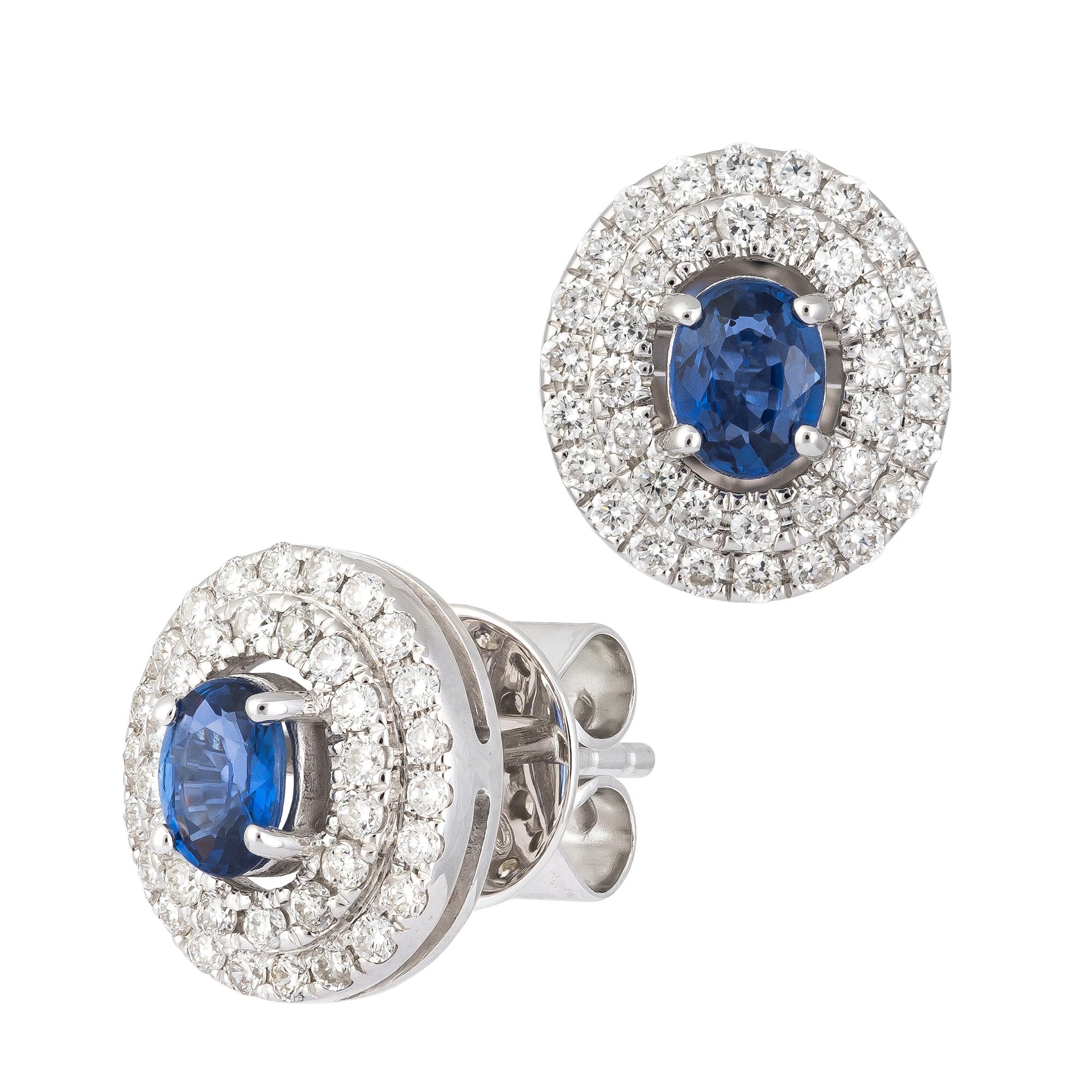 EARRING 18K White Gold Blue Sapphire  0.67 Cts/2 Pcs Diamond 0.47 Cts/76 Pcs