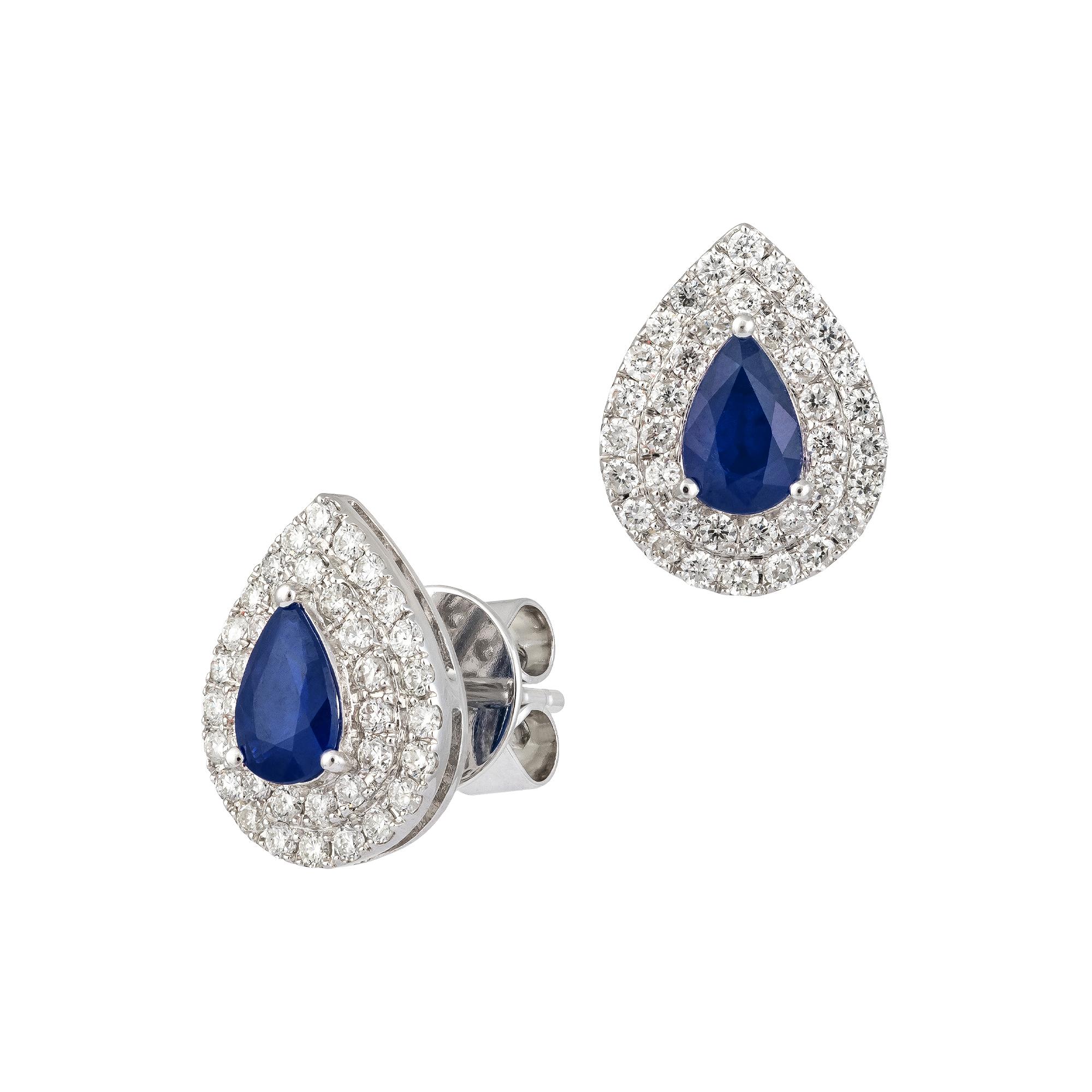 BOUCLE D'OREILLE Or blanc 18K Saphir bleu  0,99 Cts/2 Pcs Diamant 0,56 Cts/76 Pcs