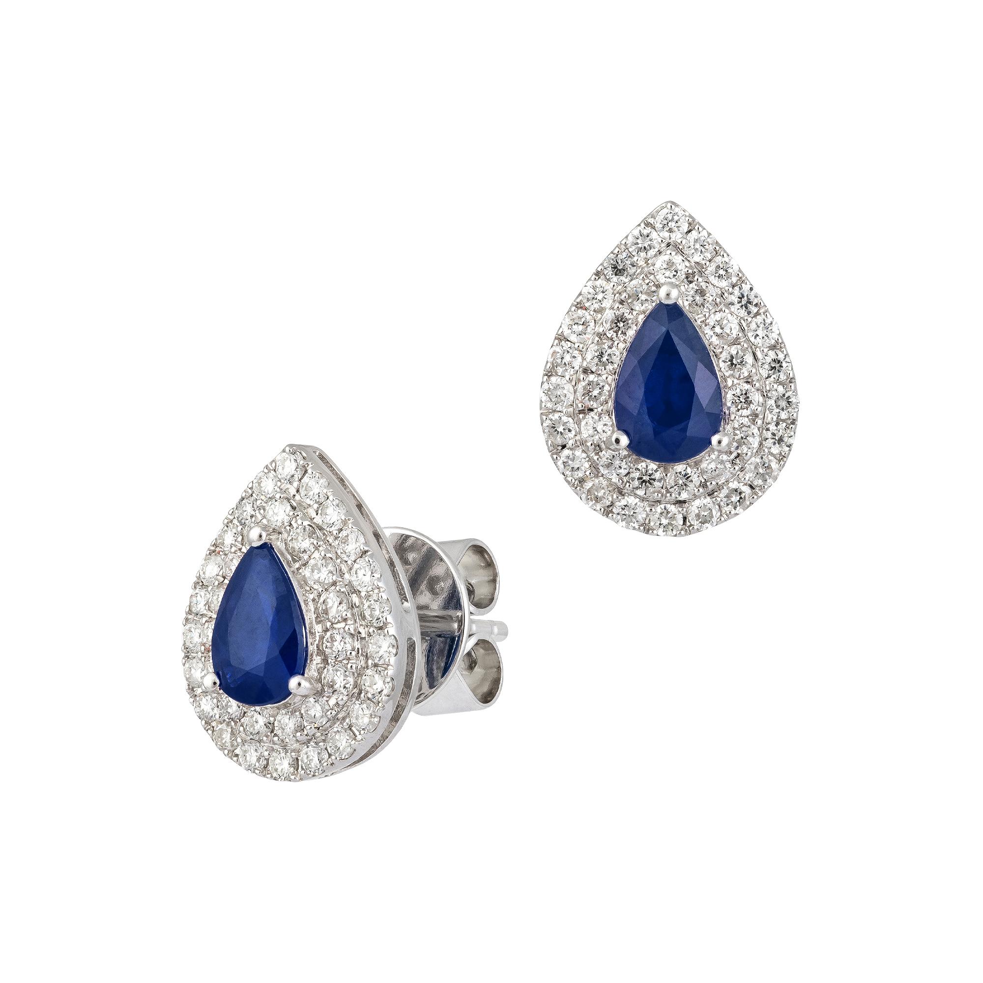 EARRING 18K White Gold Blue Sapphire  0.99 Cts/2 Pcs Diamond 0.56 Cts/76 Pcs