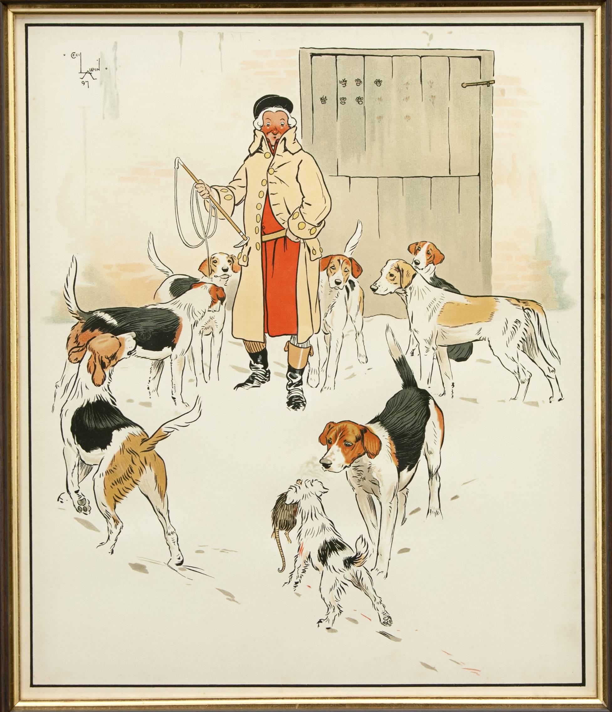 Every Dog Has His Day, Cecil Aldin
Humours hunting print by Cecil Aldin 'Every Dog Has His Day'. A great chromolithograph in a new wooden frame but retaining the original ivorine title label. Image shows a little dog walking amongst the hunting