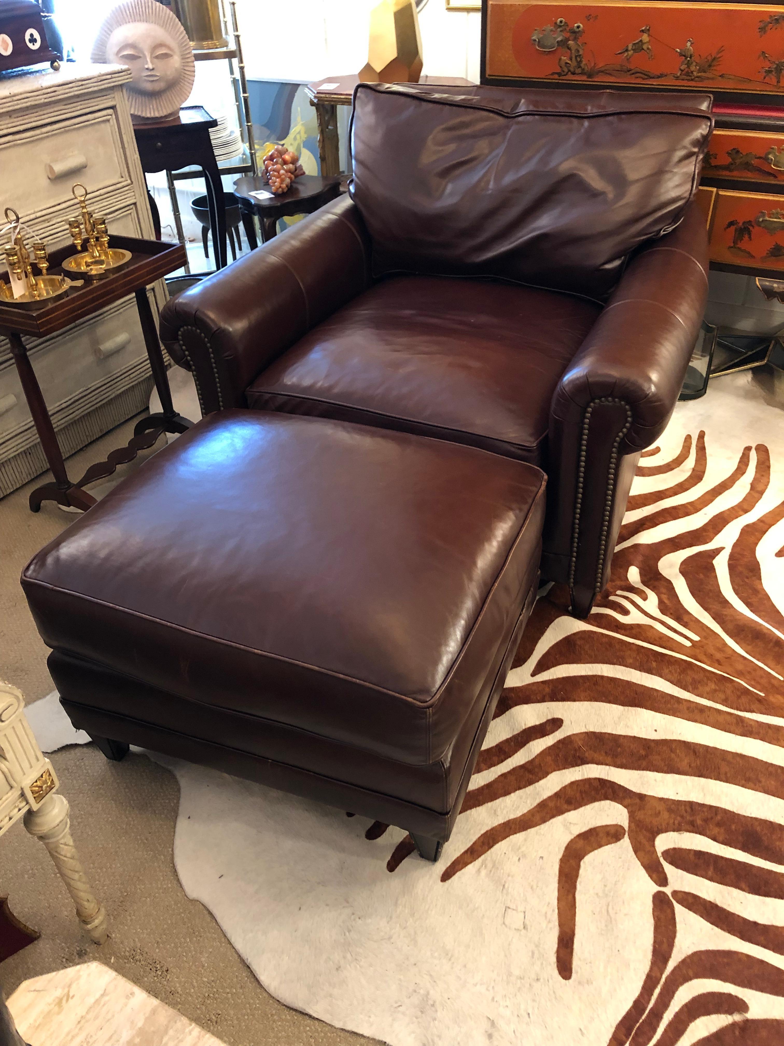 Large Dark Brown Leather Club Chair and Ottoman by Ralph Lauren 1