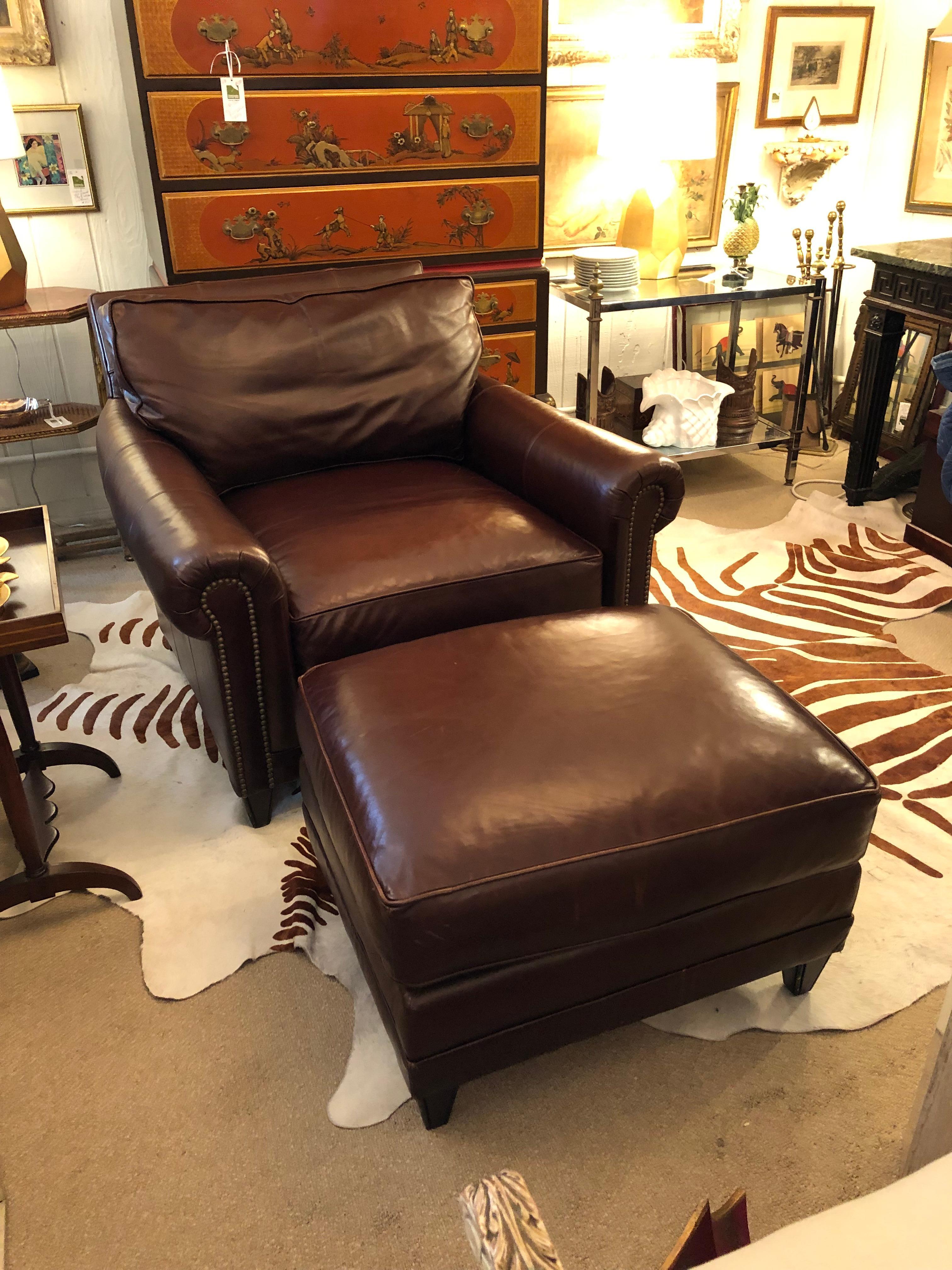 Large Dark Brown Leather Club Chair and Ottoman by Ralph Lauren 3