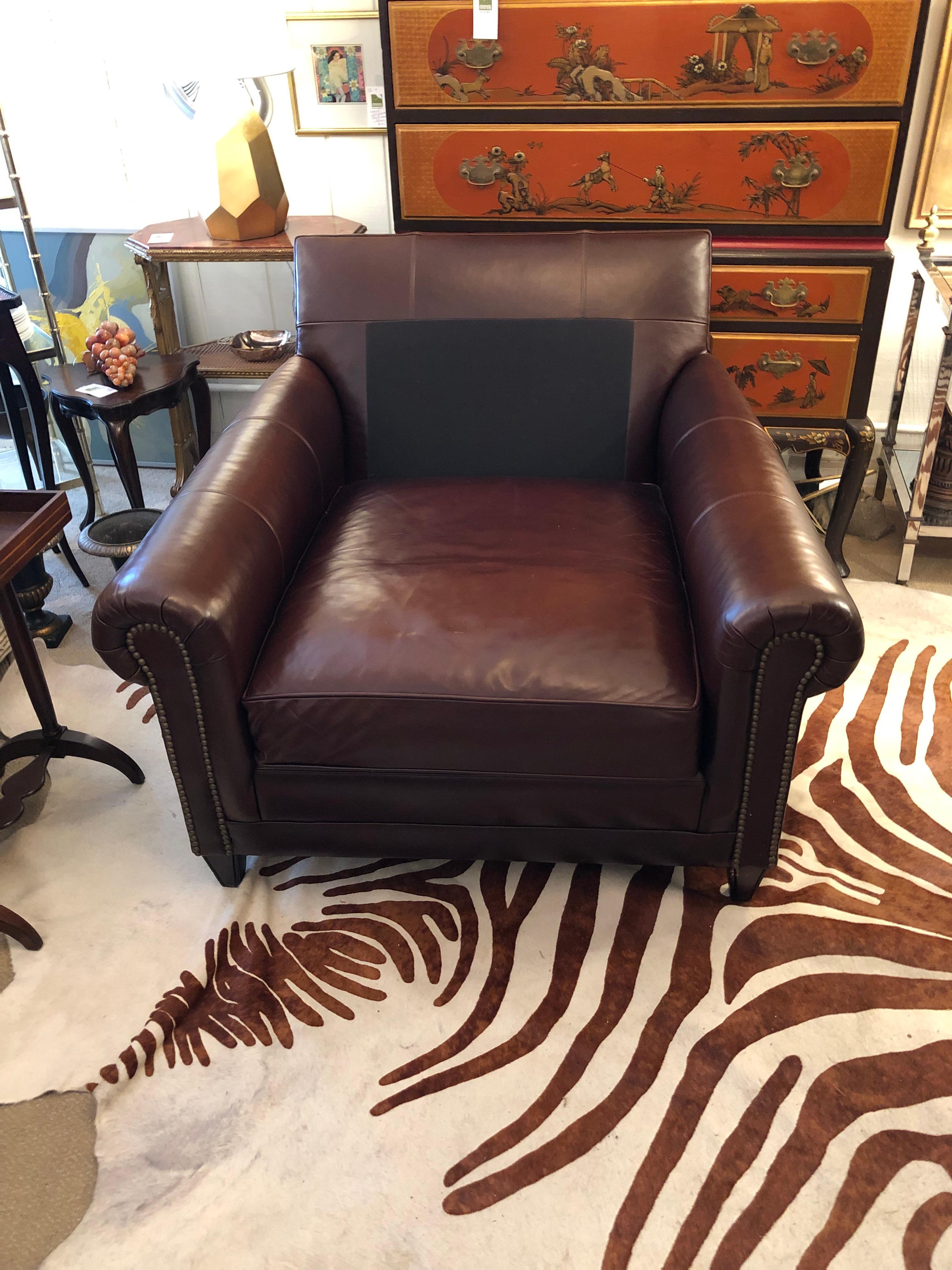 Large Dark Brown Leather Club Chair and Ottoman by Ralph Lauren 7