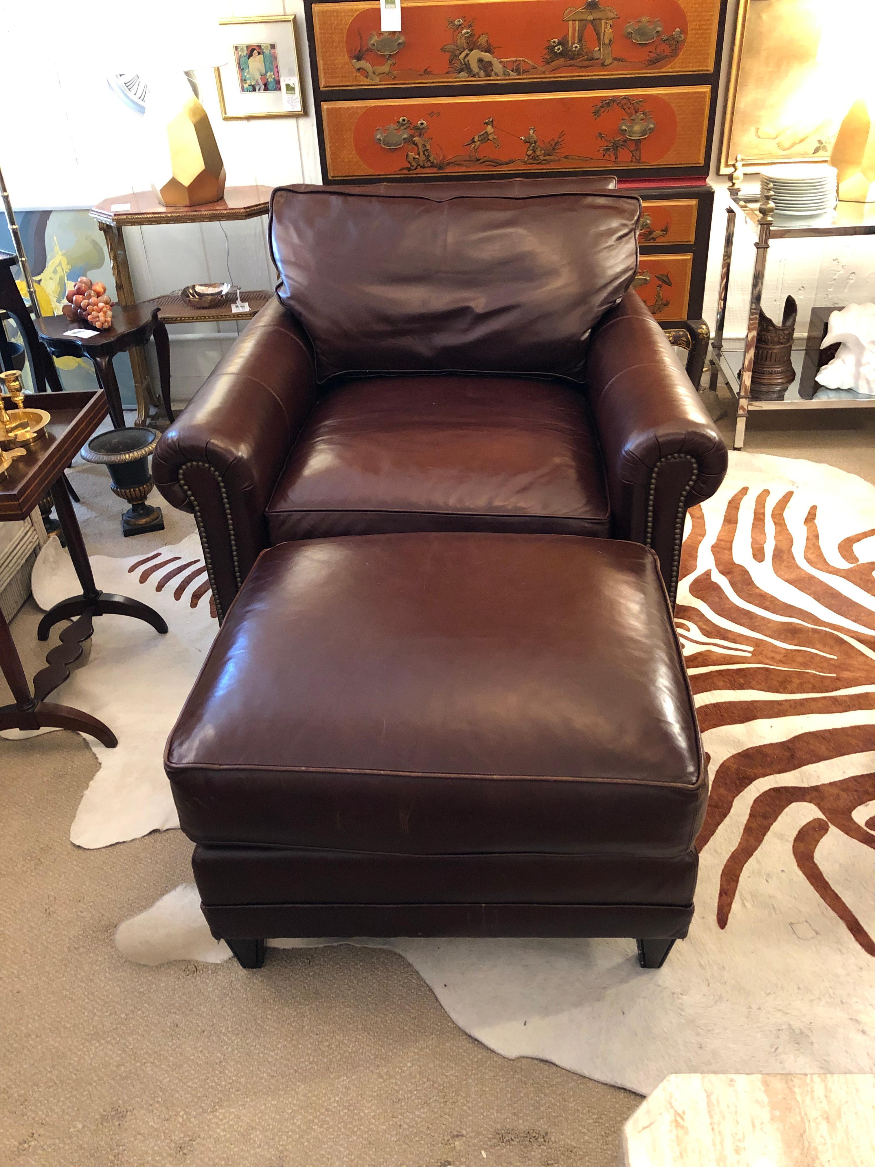 Rich dark brown supple brown leather large club chair by Ralph Lauren having down cushions and handsome nailhead detailing. 33 w at back 39. 5 at arms
Comes with matching leather ottoman. So comfy, naps guaranteed in it!
Measures: 26.5 L x 22. 25