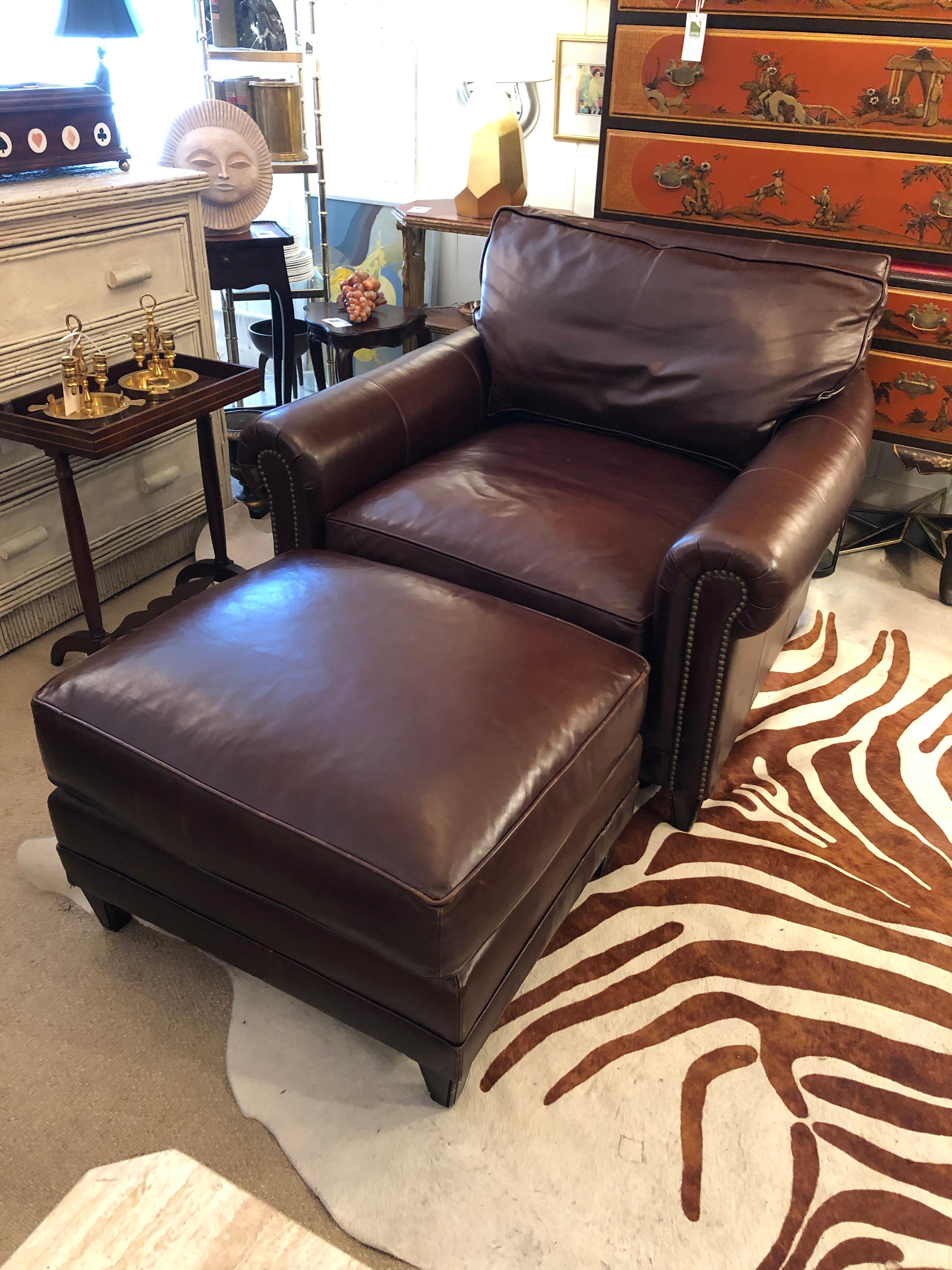 Late 20th Century Large Dark Brown Leather Club Chair and Ottoman by Ralph Lauren