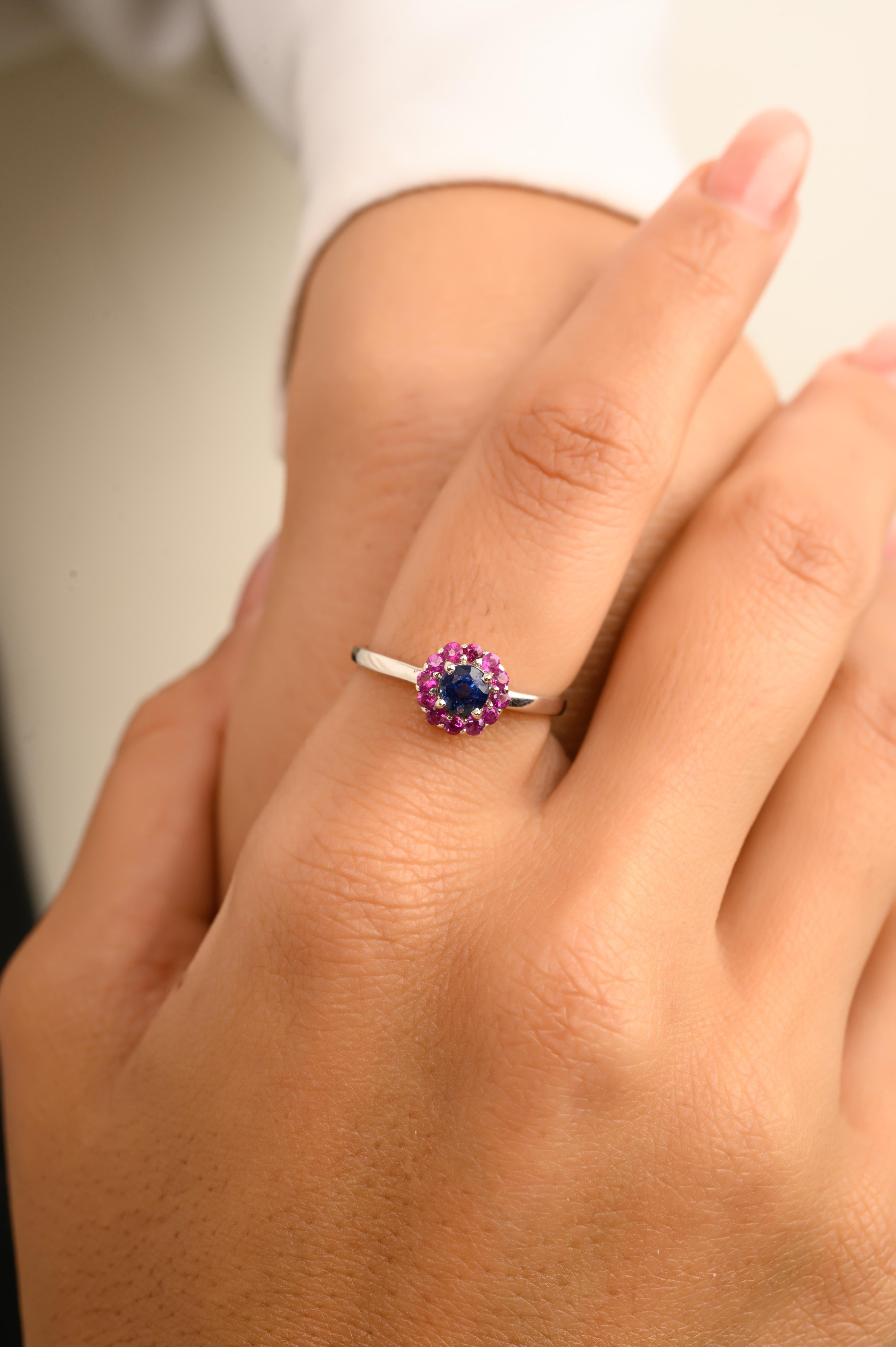 For Sale:  Everyday 14k White Gold Blue Sapphire Ruby Halo Cluster Ring Gift for Her 2
