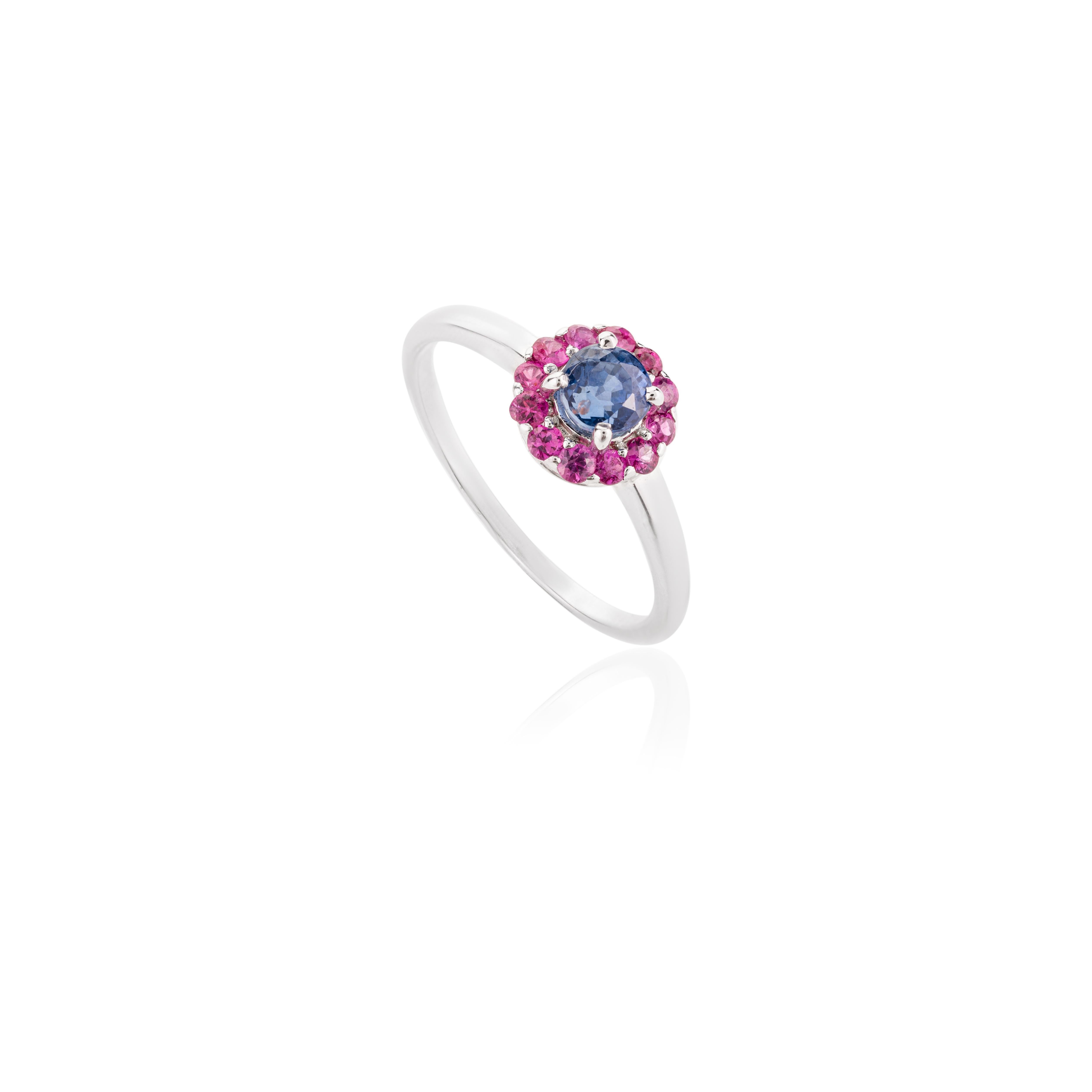 For Sale:  Everyday 14k White Gold Blue Sapphire Ruby Halo Cluster Ring Gift for Her 3