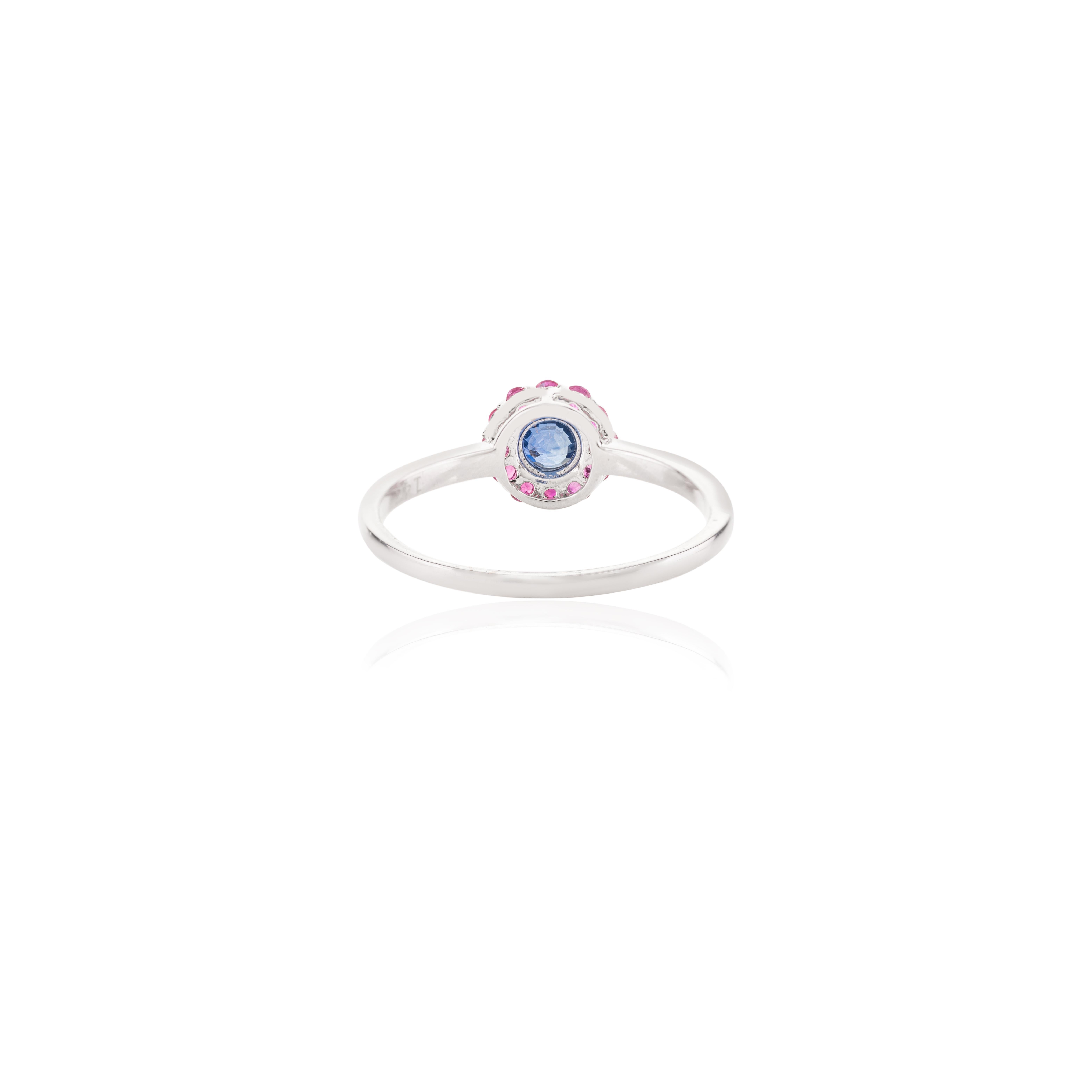 For Sale:  Everyday 14k White Gold Blue Sapphire Ruby Halo Cluster Ring Gift for Her 5