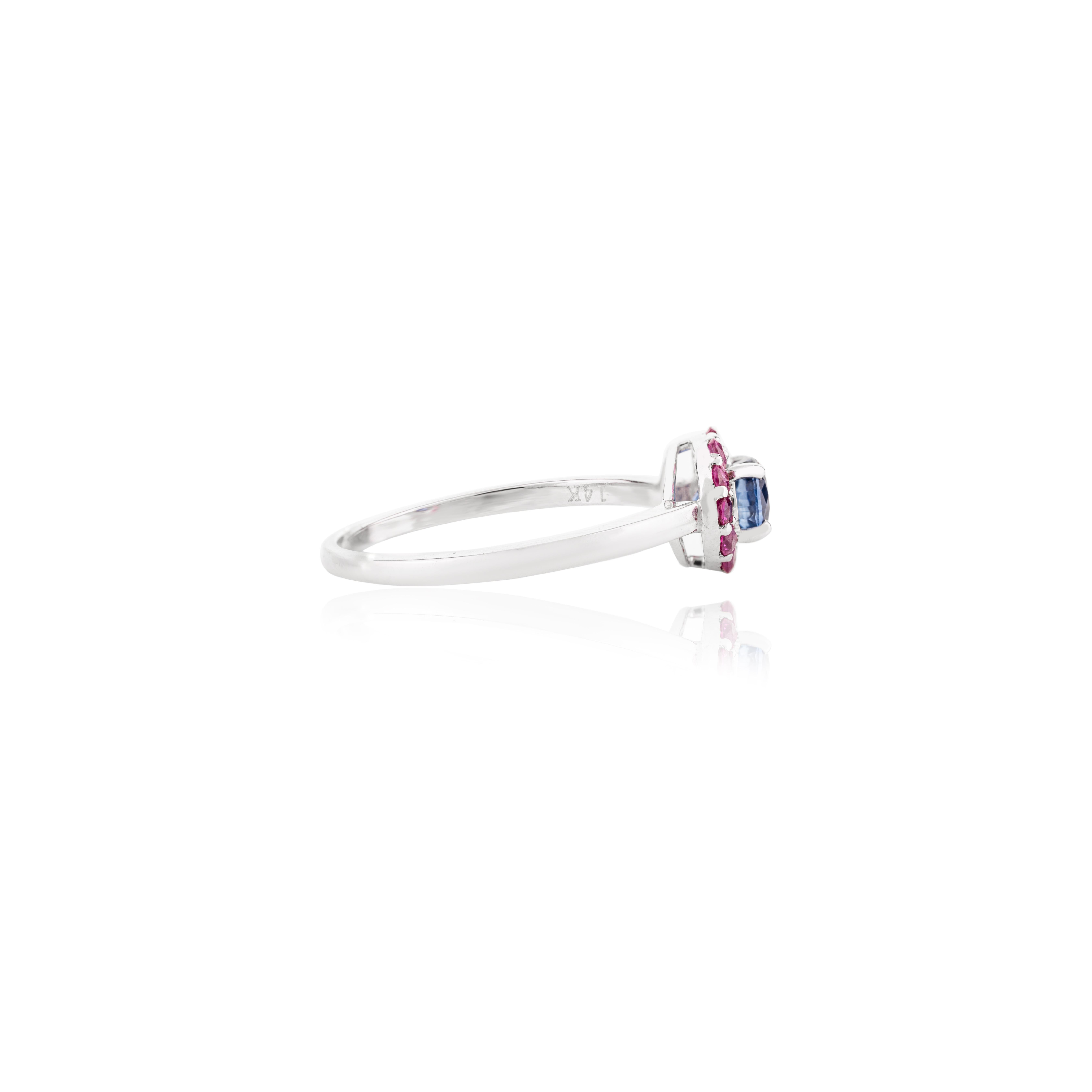 For Sale:  Everyday 14k White Gold Blue Sapphire Ruby Halo Cluster Ring Gift for Her 7