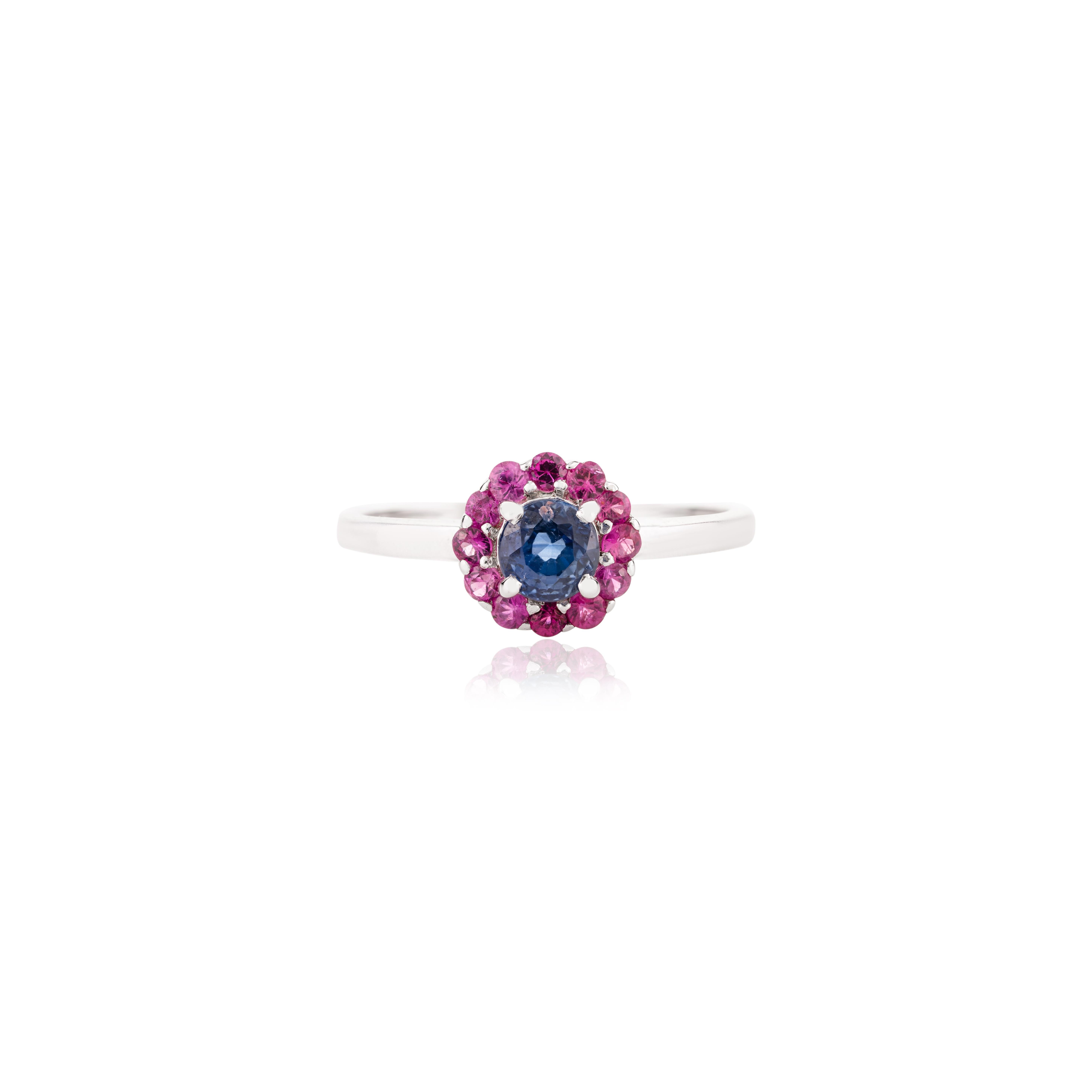 For Sale:  Everyday 14k White Gold Blue Sapphire Ruby Halo Cluster Ring Gift for Her 8