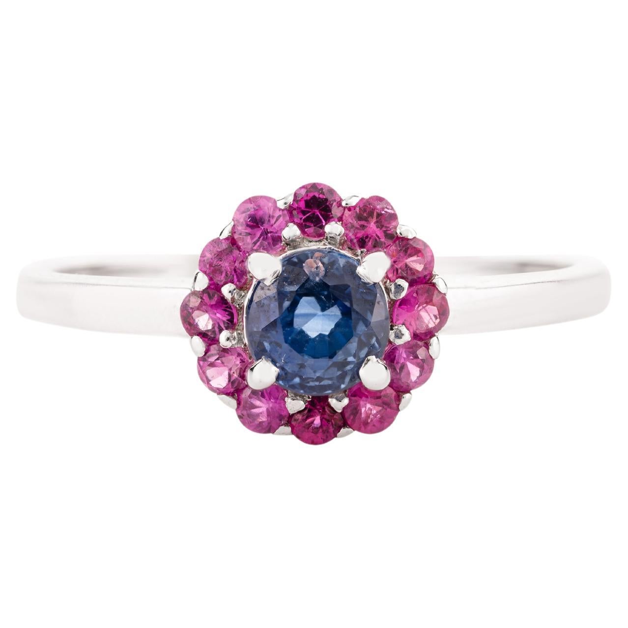 For Sale:  Everyday 14k White Gold Blue Sapphire Ruby Halo Cluster Ring Gift for Her