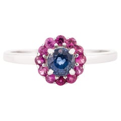 Everyday 14k White Gold Blue Sapphire Ruby Halo Cluster Ring Gift for Her