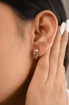 Everyday Amethyst Huggie Hoop Earrings 14k Solid Yellow Gold, Gift For Her