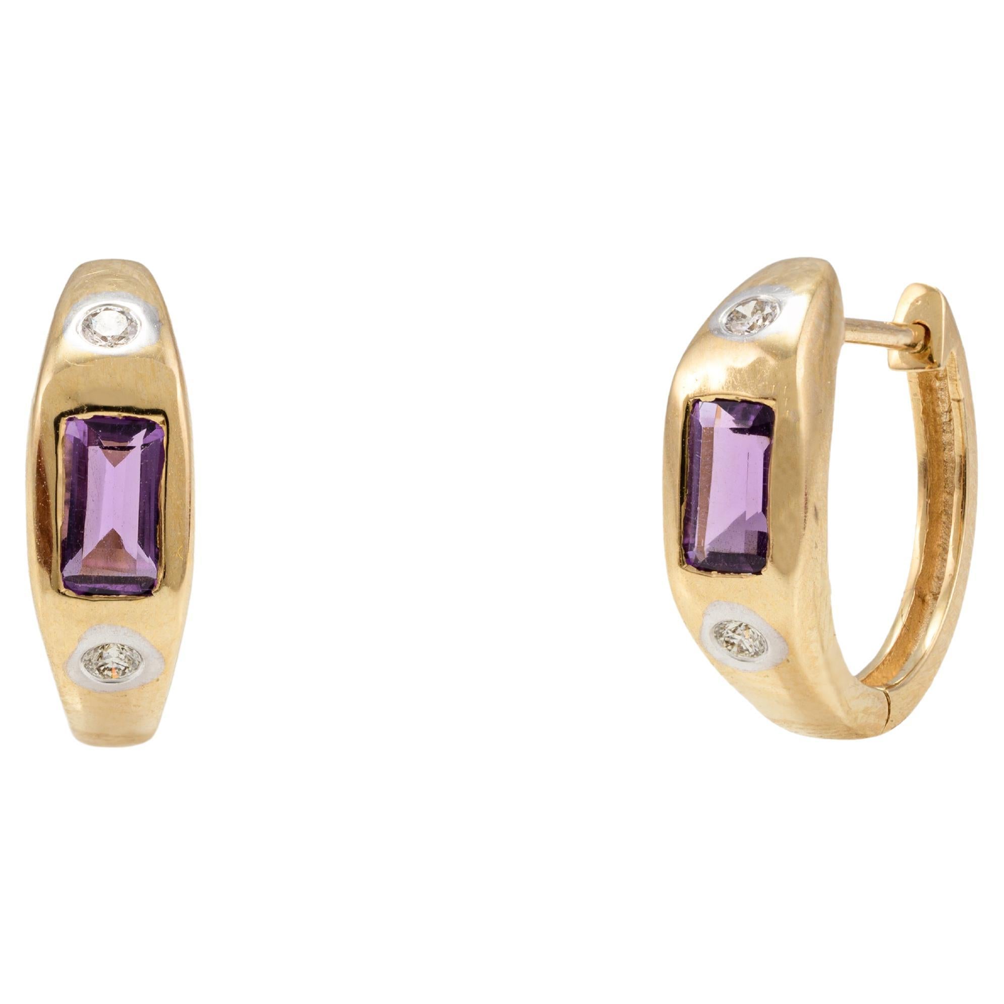 14k Solid Yellow Gold Everyday Amethyst Huggie Earrings For Sale