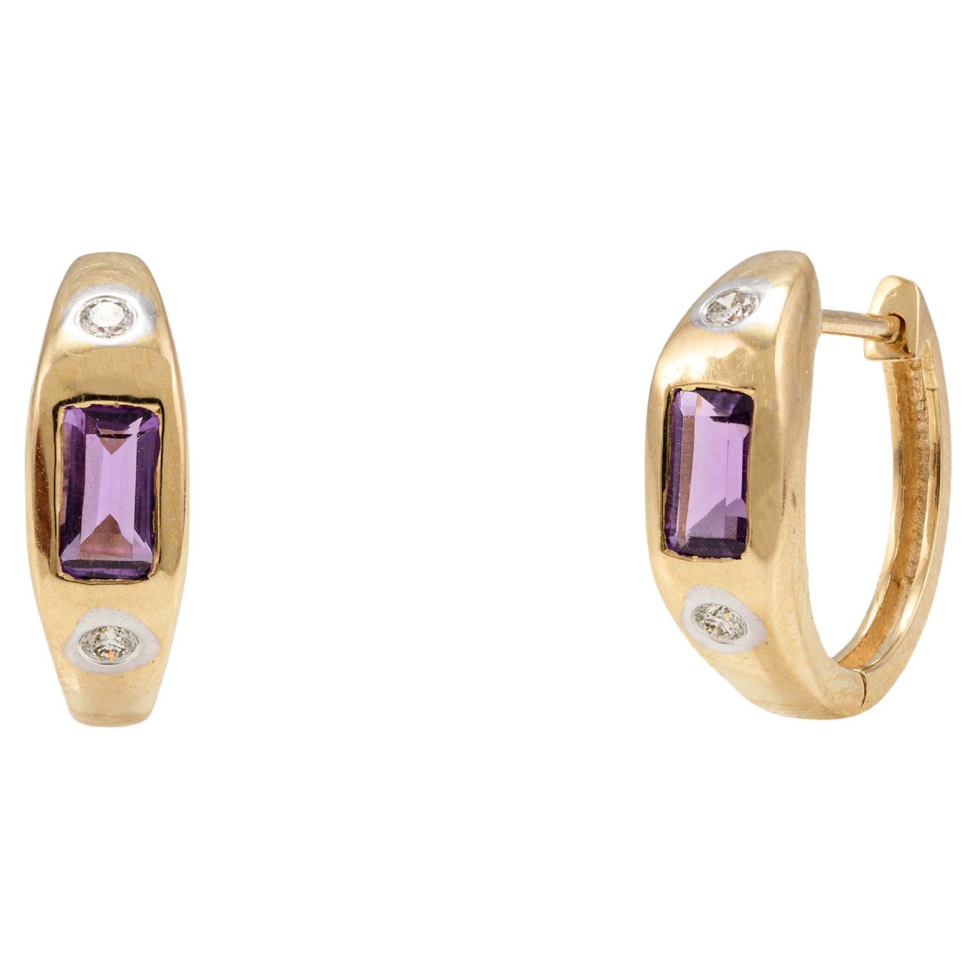 Everyday Amethyst Huggie Hoop Earrings 14k Solid Yellow Gold, Gift For Her