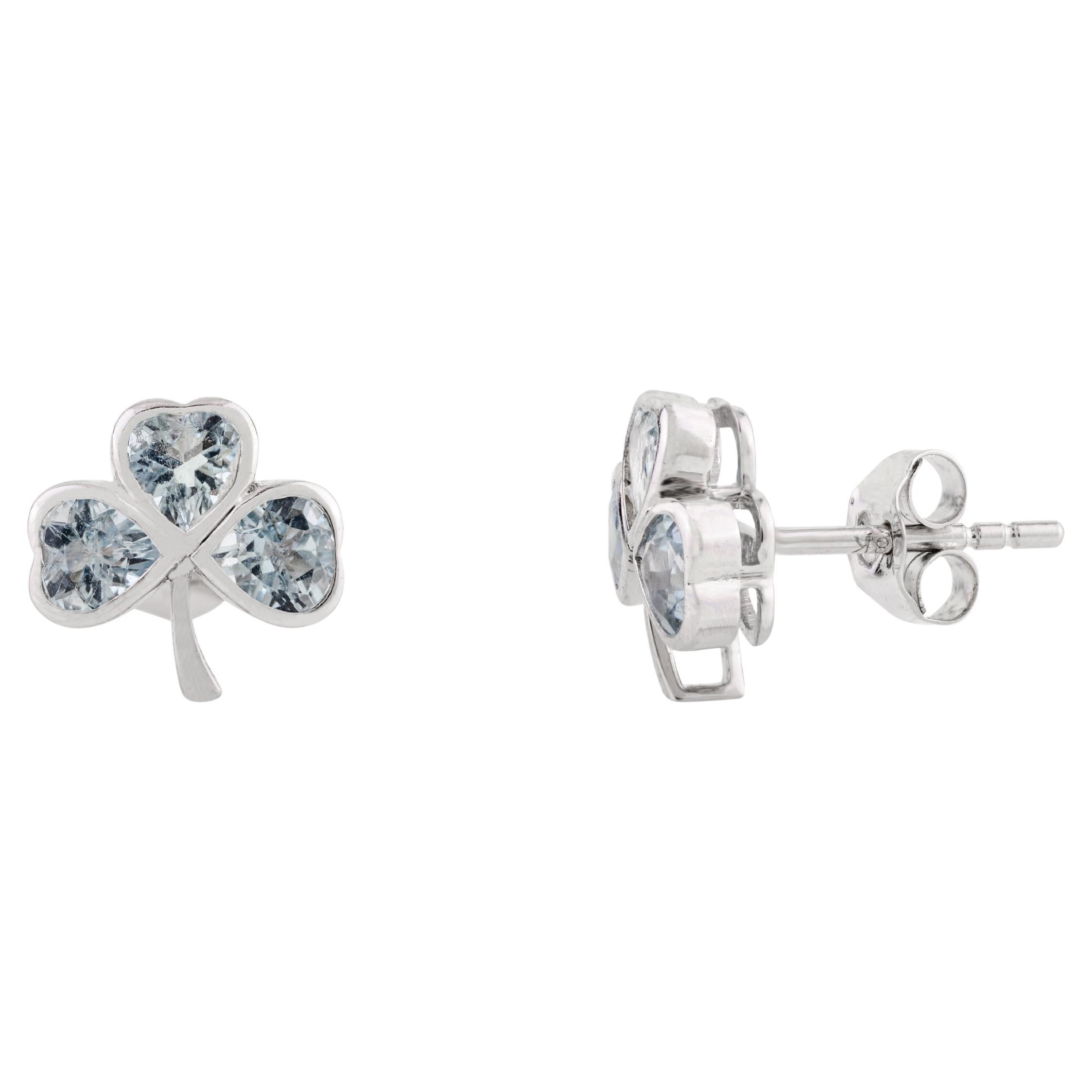 Everyday Aquamarine Three Clover Stud Earrings Gift for Her in 18k White Gold
