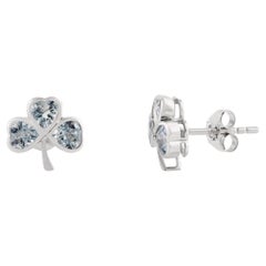 Everyday Aquamarine Three Clover Stud Earrings Gift for Her in 18k White Gold