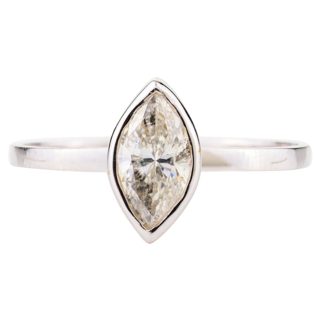 Marquise Diamond Everyday Solitaire Ring Bezel Set in 18k Solid White Gold