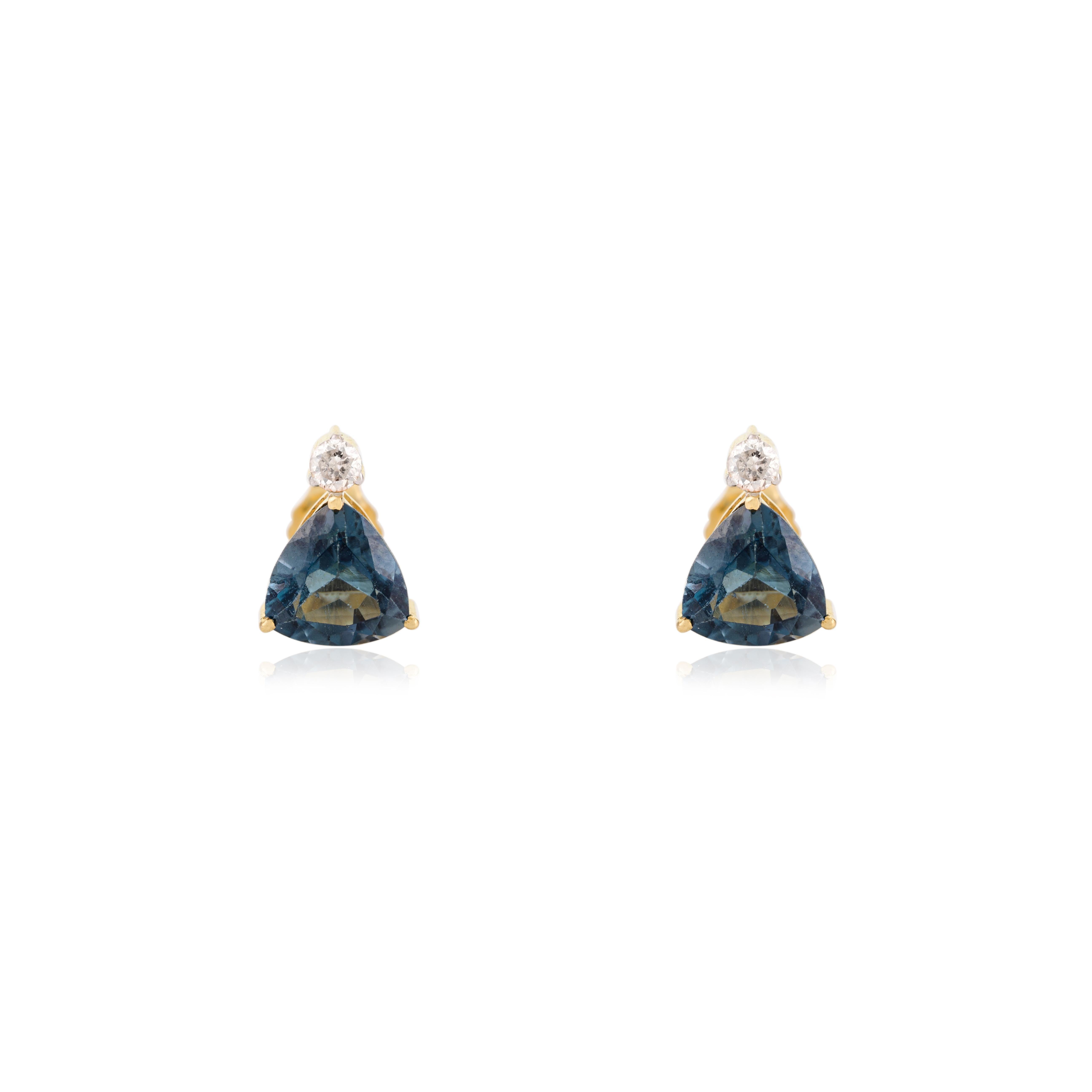 Topaze bleue de tous les jours Bague pendentif diamant Boucles d'oreilles en or jaune massif 18k en vente 6