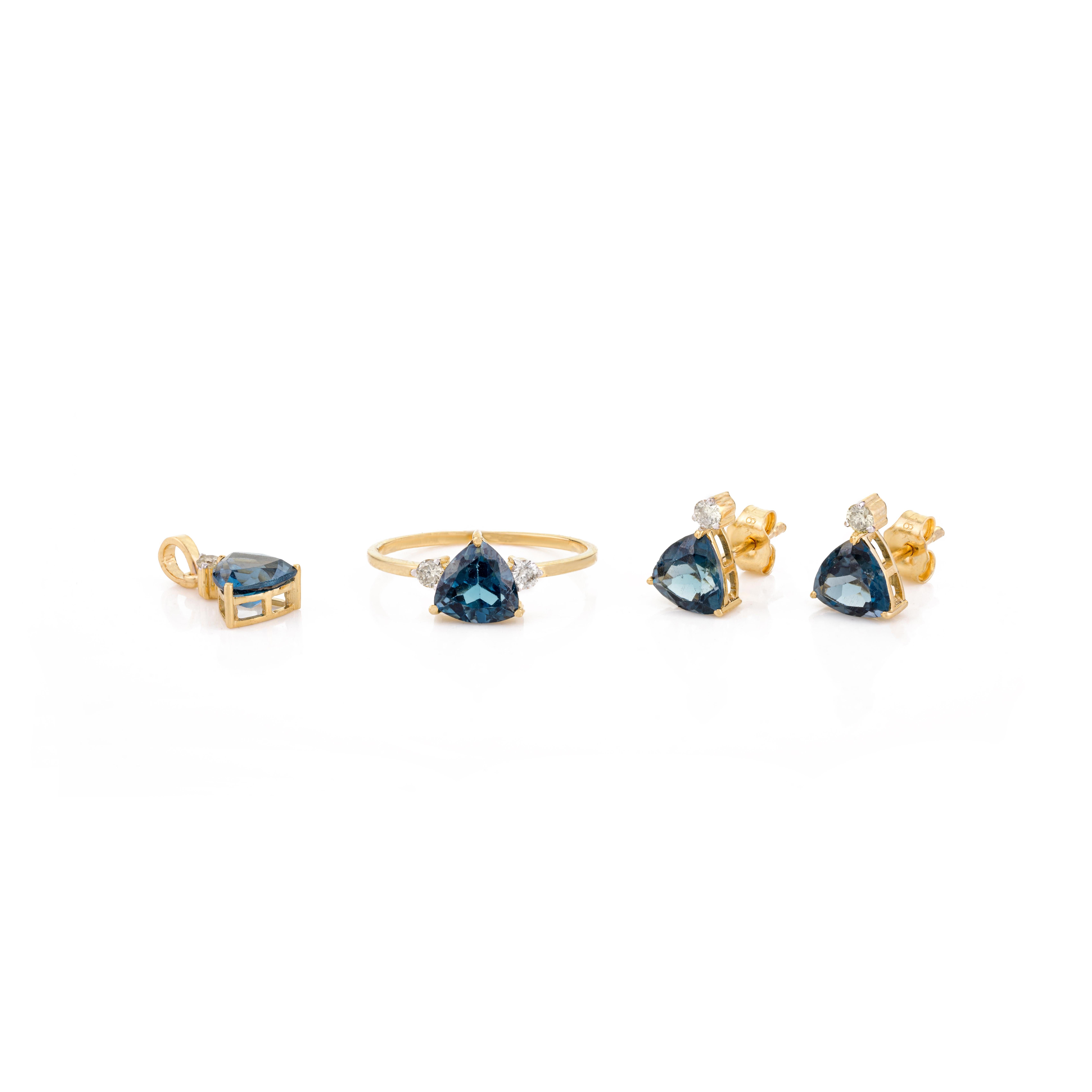 Moderniste Topaze bleue de tous les jours Bague pendentif diamant Boucles d'oreilles en or jaune massif 18k en vente