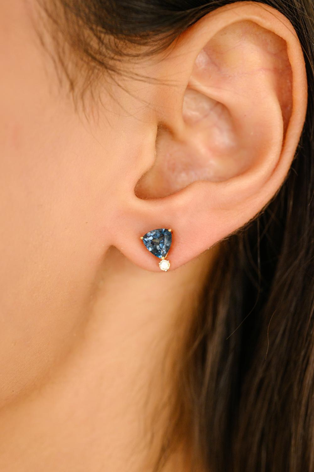 Topaze bleue de tous les jours Bague pendentif diamant Boucles d'oreilles en or jaune massif 18k en vente 2