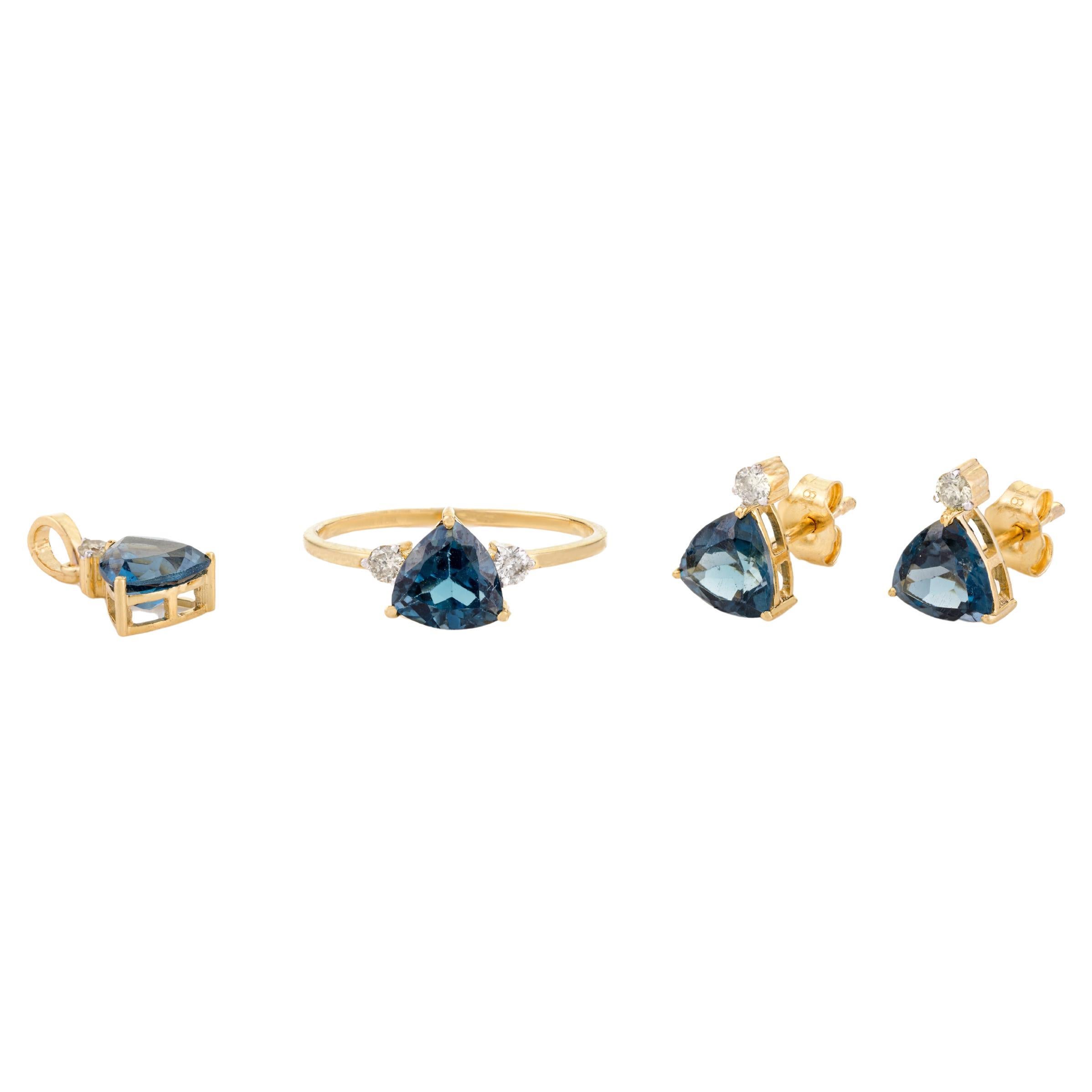 Everyday Blue Topaz Diamond Pendant Ring Earrings Set in 18k Solid Yellow Gold