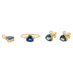 Everyday Blue Topaz Diamond Pendant Ring Earrings Set in 18k Solid Yellow Gold