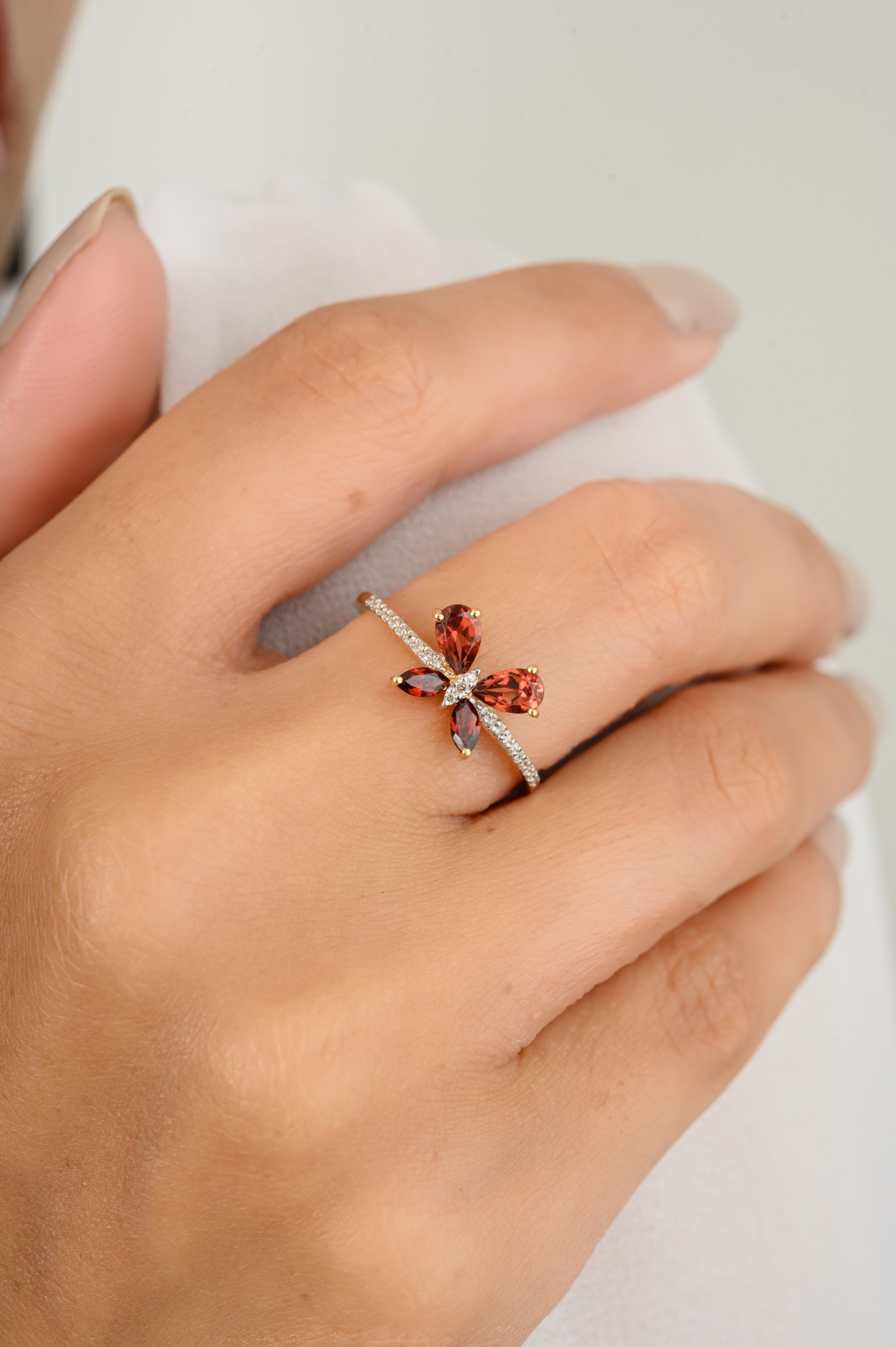 For Sale:  Everyday Dainty Garnet Diamond Butterfly Ring in 18k Solid Yellow Gold 2
