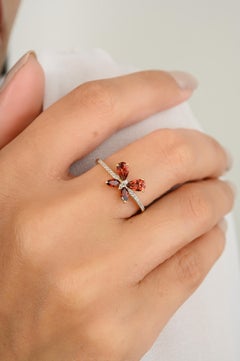 Everyday Dainty Garnet Diamond Butterfly Ring in 18k Solid Yellow Gold