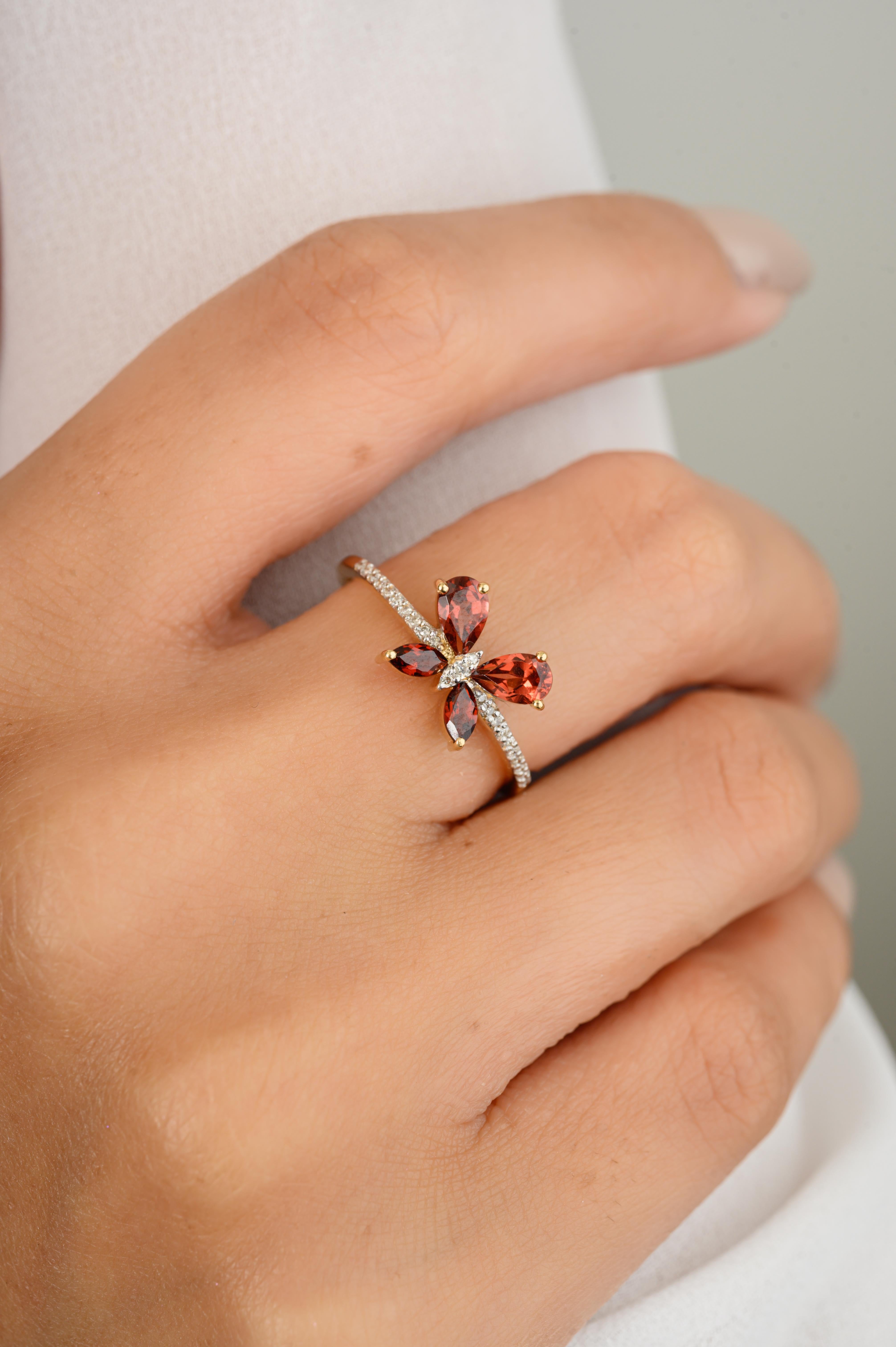 For Sale:  Everyday Dainty Garnet Diamond Butterfly Ring in 18k Solid Yellow Gold 5