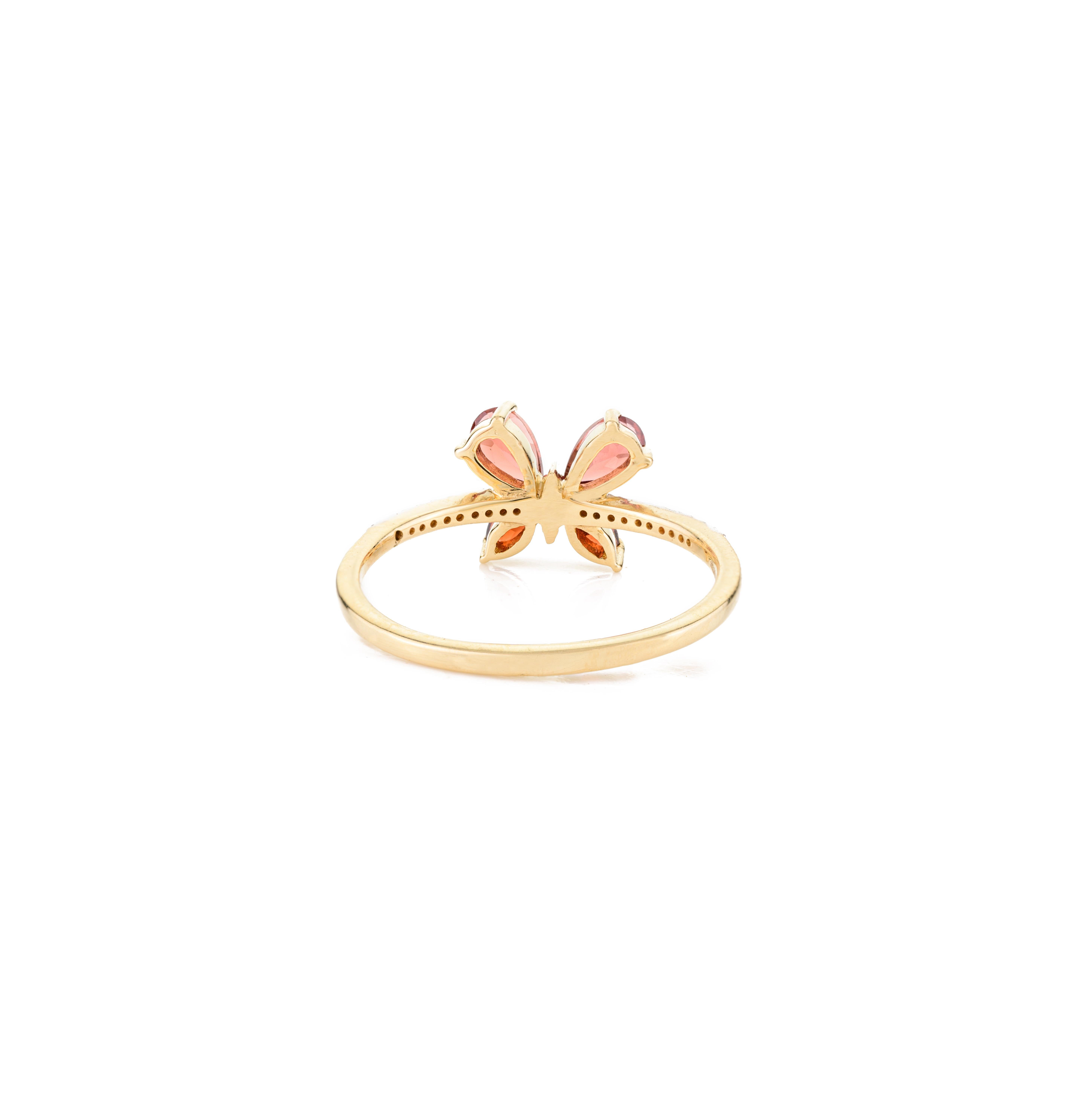 For Sale:  Everyday Dainty Garnet Diamond Butterfly Ring in 18k Solid Yellow Gold 6
