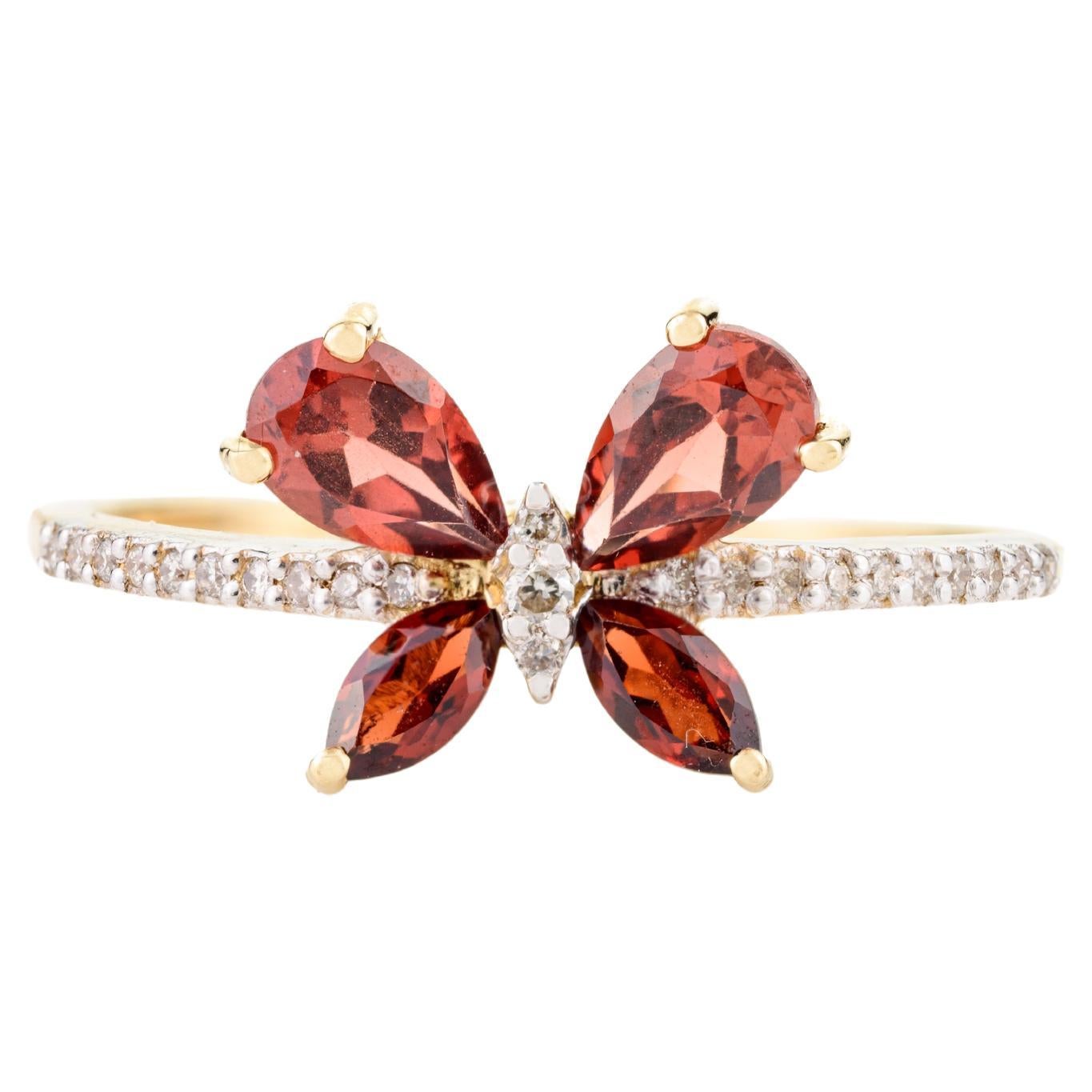Everyday Dainty Garnet Diamond Butterfly Ring in 18k Solid Yellow Gold