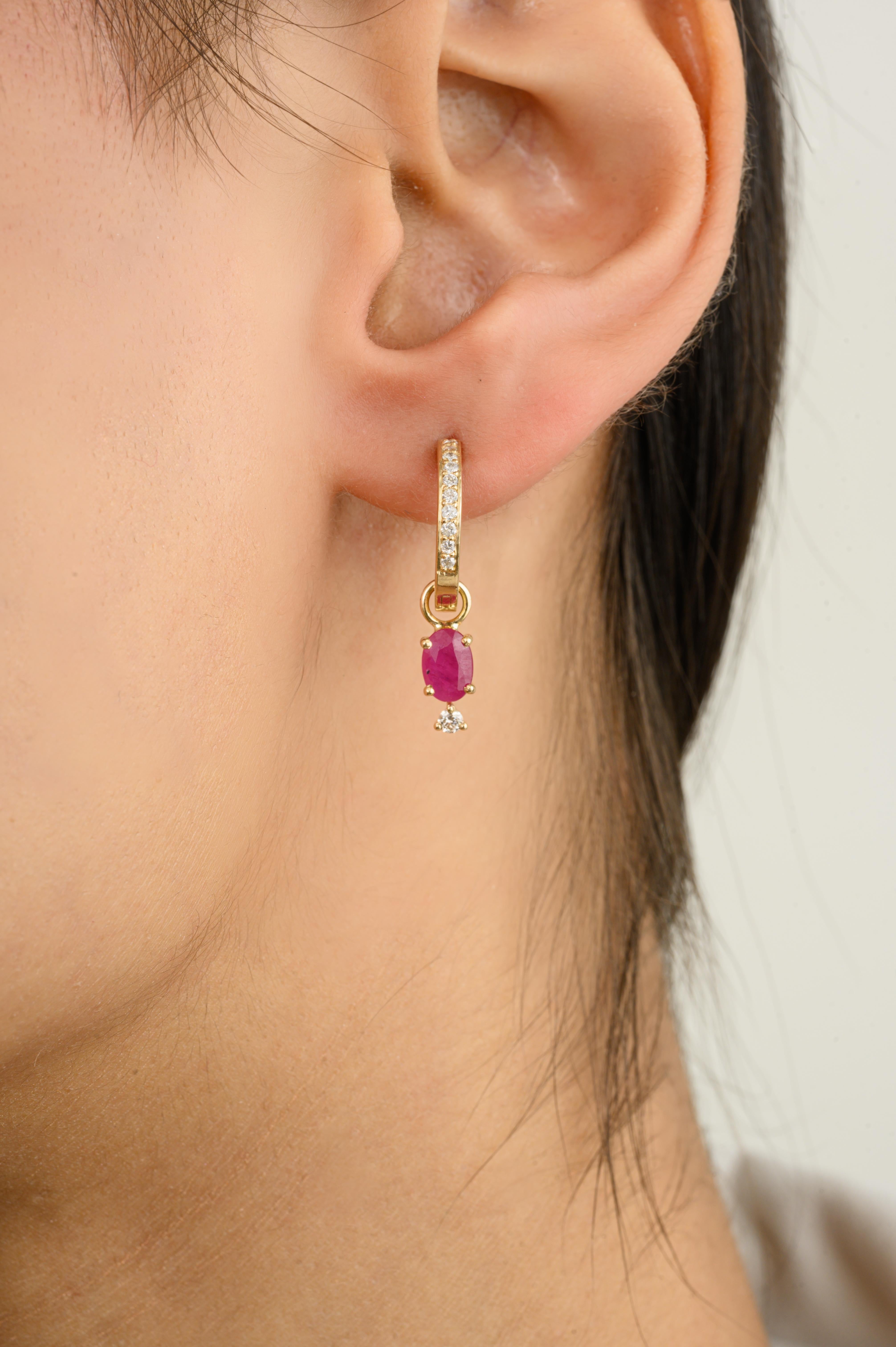 Everyday Dainty Ruby and Diamond Huggie Hoop Earrings in 14K Gold to make a statement with your look. You shall need dangle earrings to make a statement with your look. These earrings create a sparkling, luxurious look featuring oval cut ruby and