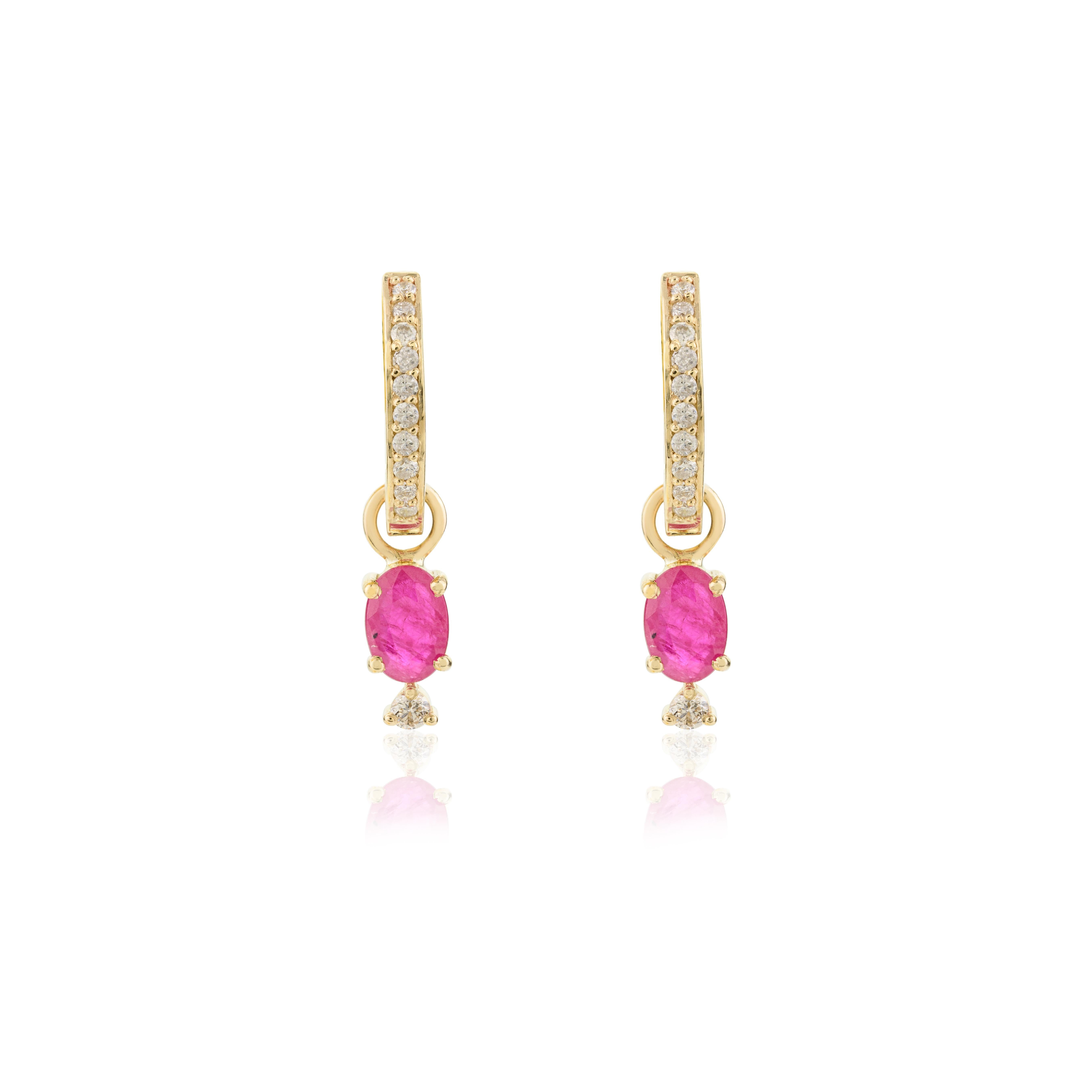 Contemporary Everyday Dainty Ruby and Diamond Huggie Hoop Earrings in 14k Solid Yellow Gold For Sale