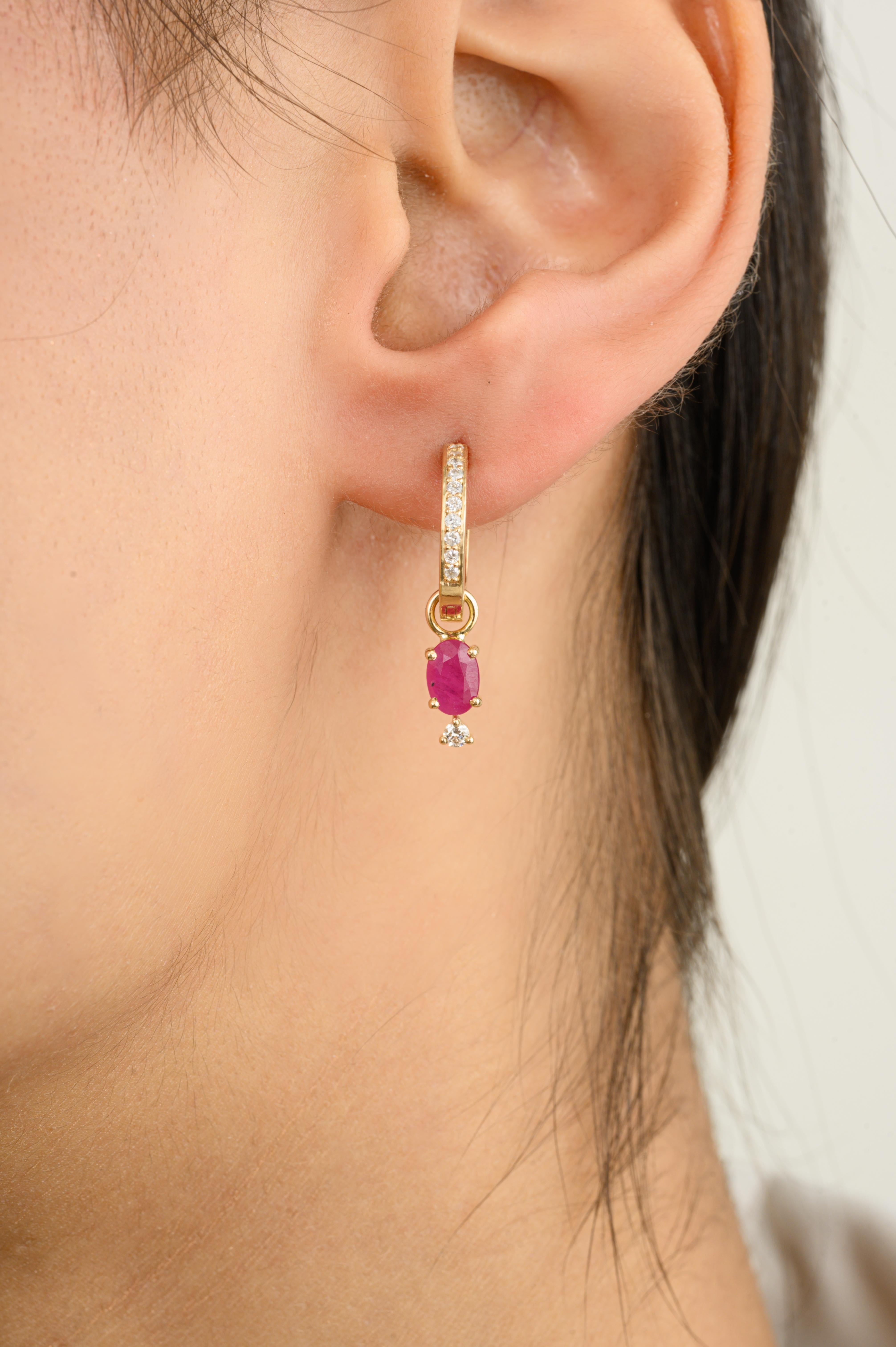 Oval Cut Everyday Dainty Ruby and Diamond Huggie Hoop Earrings in 14k Solid Yellow Gold For Sale