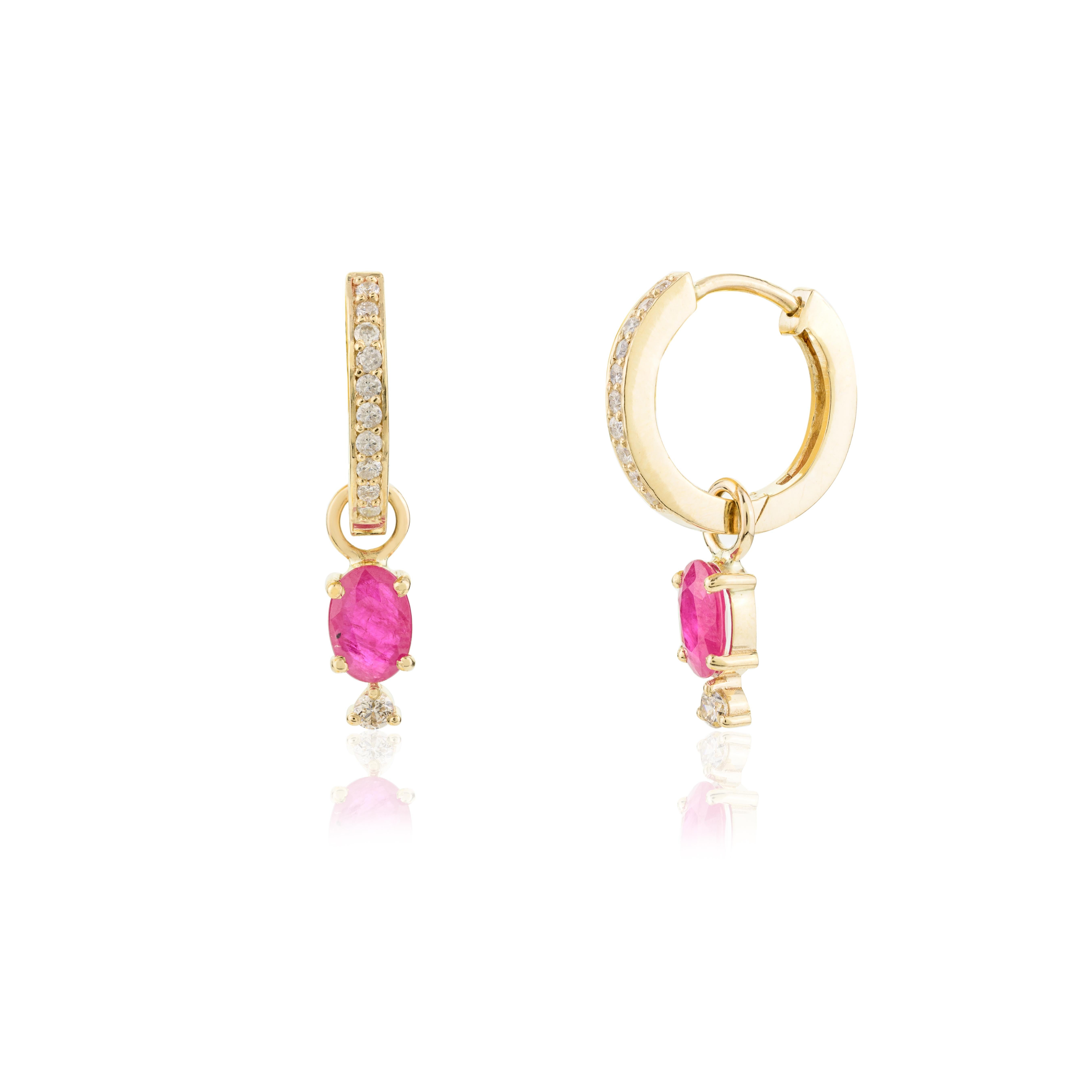 Everyday Dainty Ruby and Diamond Huggie Hoop Earrings in 14k Solid Yellow Gold In New Condition For Sale In New York, NY