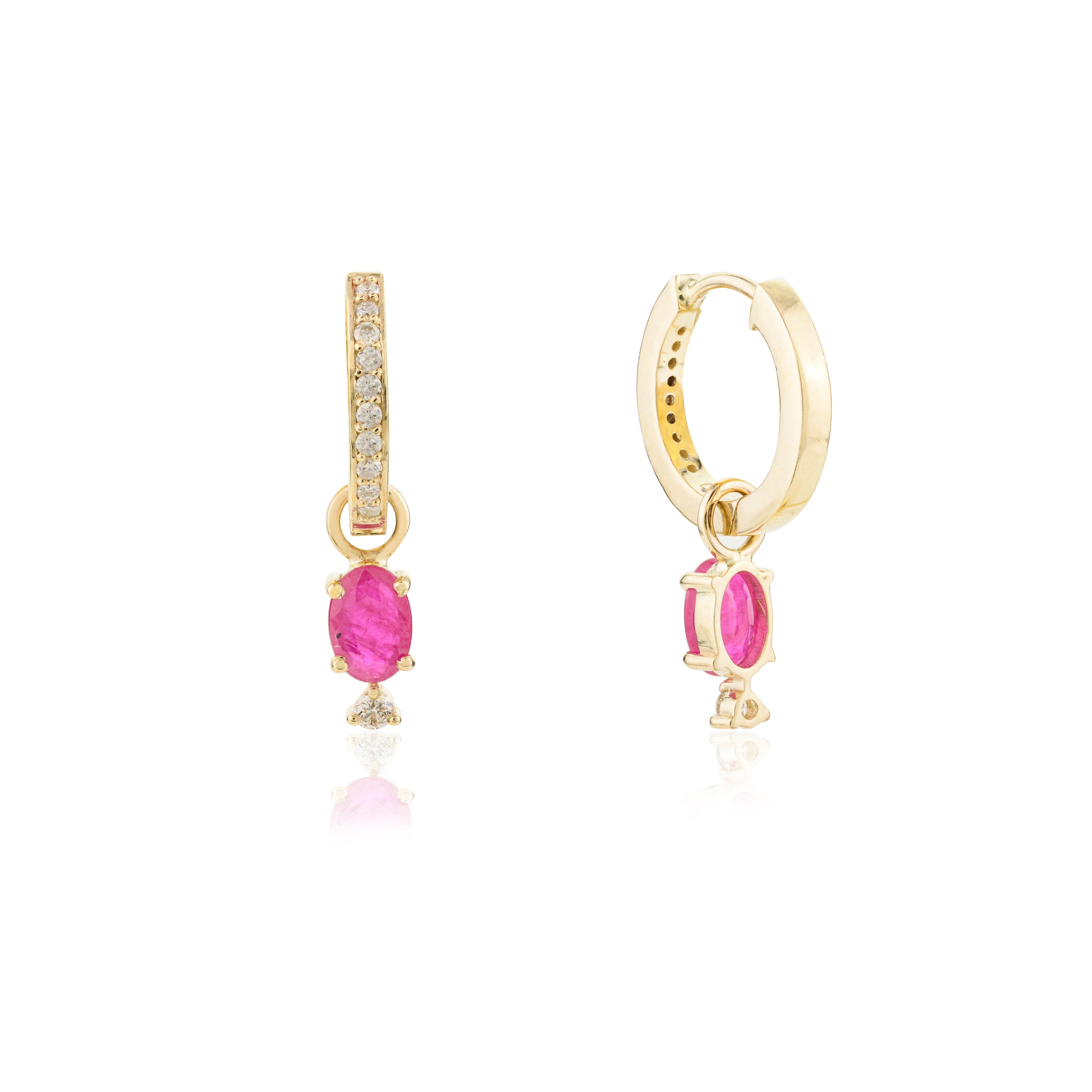 Everyday Dainty Ruby and Diamond Huggie Hoop Earrings in 14k Solid Yellow Gold For Sale 1