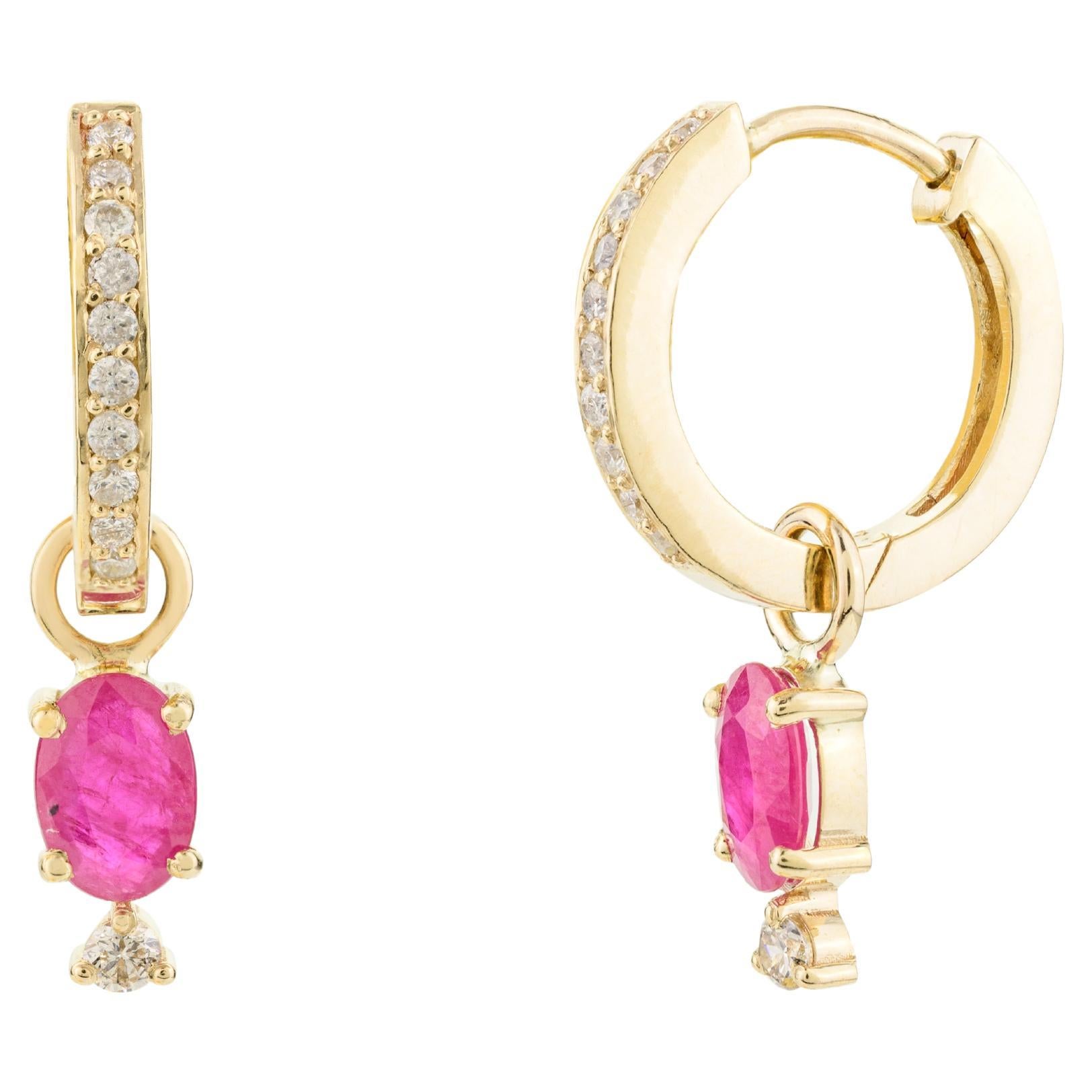 Everyday Dainty Ruby and Diamond Huggie Hoop Earrings in 14k Solid Yellow Gold