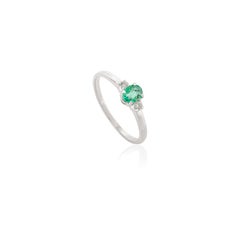 Everyday Dainty Three Stone Emerald Diamond Ring in 14k Solid White Gold