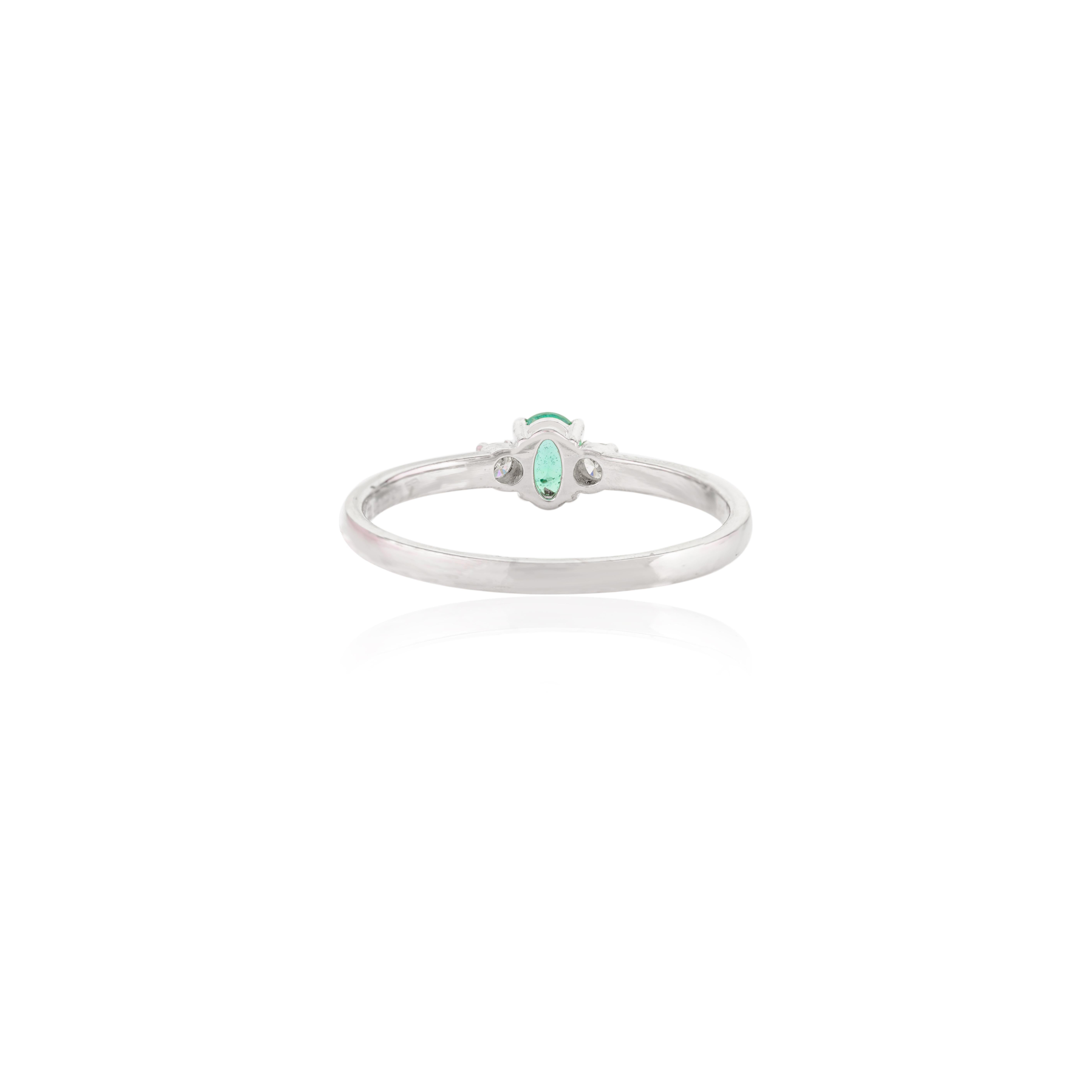 For Sale:  Everyday Dainty Three Stone Emerald Diamond Ring in 14k Solid White Gold 4